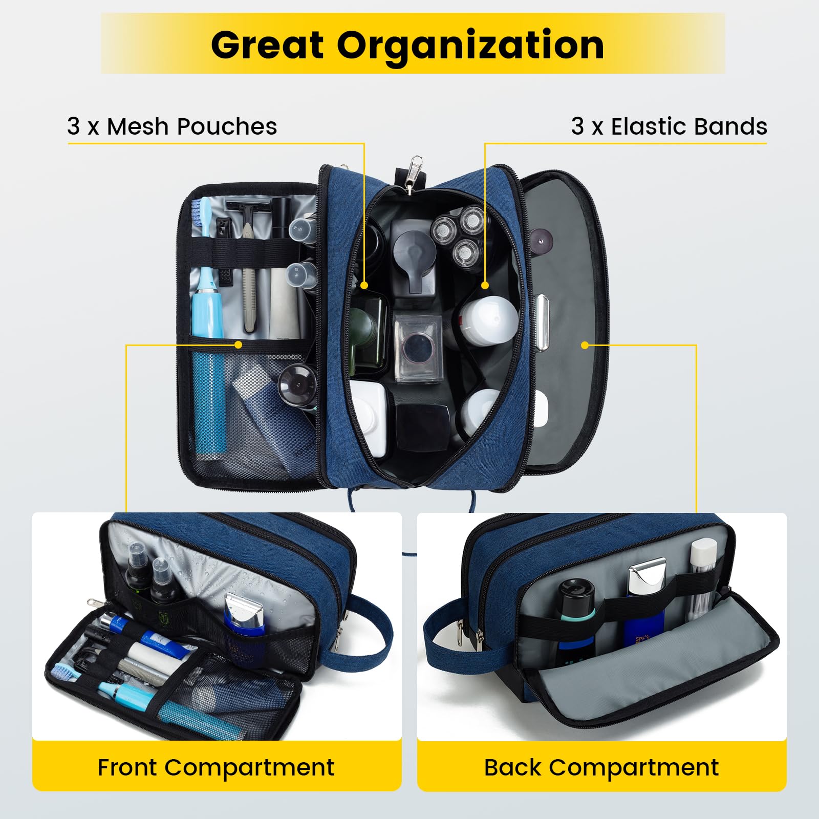 Vorspack Large Waterproof Travel Toiletry Bag for Men - Durable Dopp Kit with Multiple Compartments for Skincare, Shaving & Bathroom Essentials - Perfect for Gym, Camping & Business Trips - Navy Blue