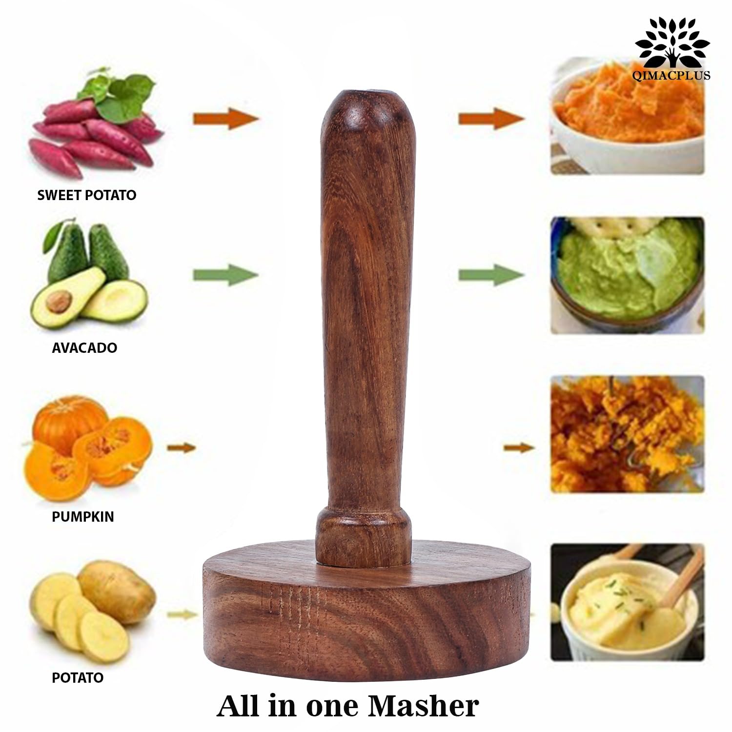 Wooden Potato Masher with Ergonomic Handle - Heavy Duty Bean, Meat & Garlic Crusher - Smooth Ricer Presser for Mashed Potatoes - Perfect for Kitchens, Restaurants & Home Cooking
