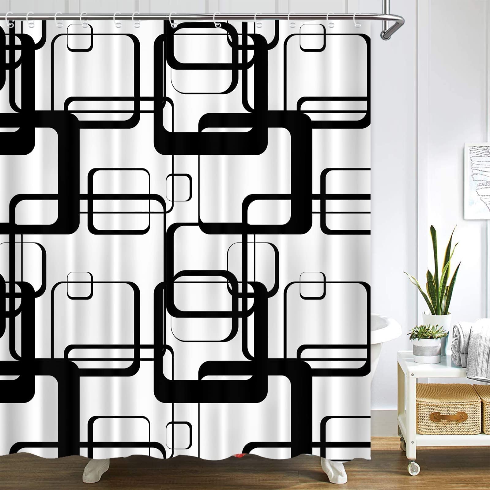 Modern Black and White Geometric Abstract Shower Curtain - Waterproof Bathroom Decor with 12 Hooks, 72x72 Inches - Perfect for Contemporary Bathrooms & Spa-Like Showers
