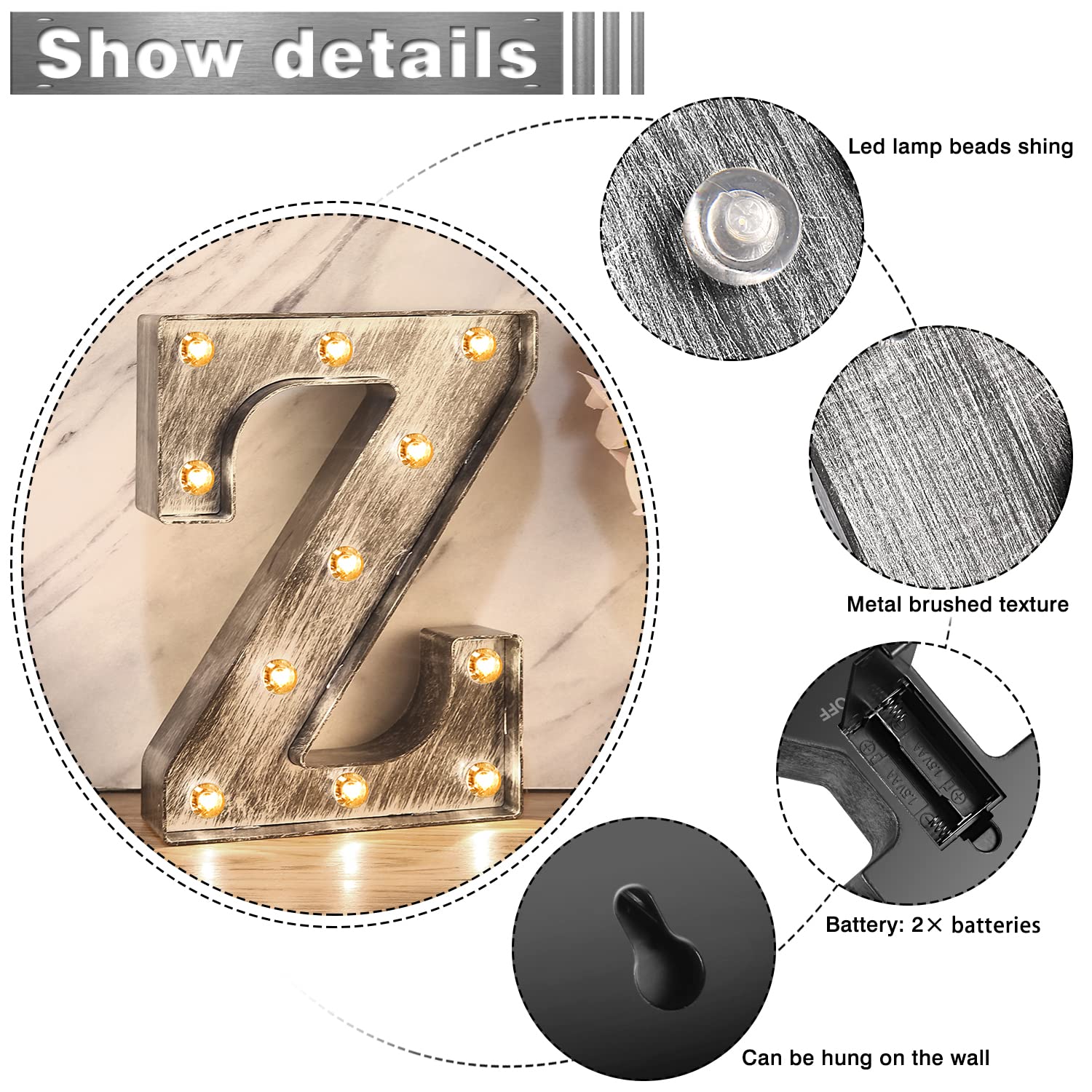 Brushed Silver Gray LED Letter Lights - Battery Powered Light Up Sign for Wedding, Birthday Party, Christmas Decor - Perfect for Home Bar, Night Light, and Festive Events