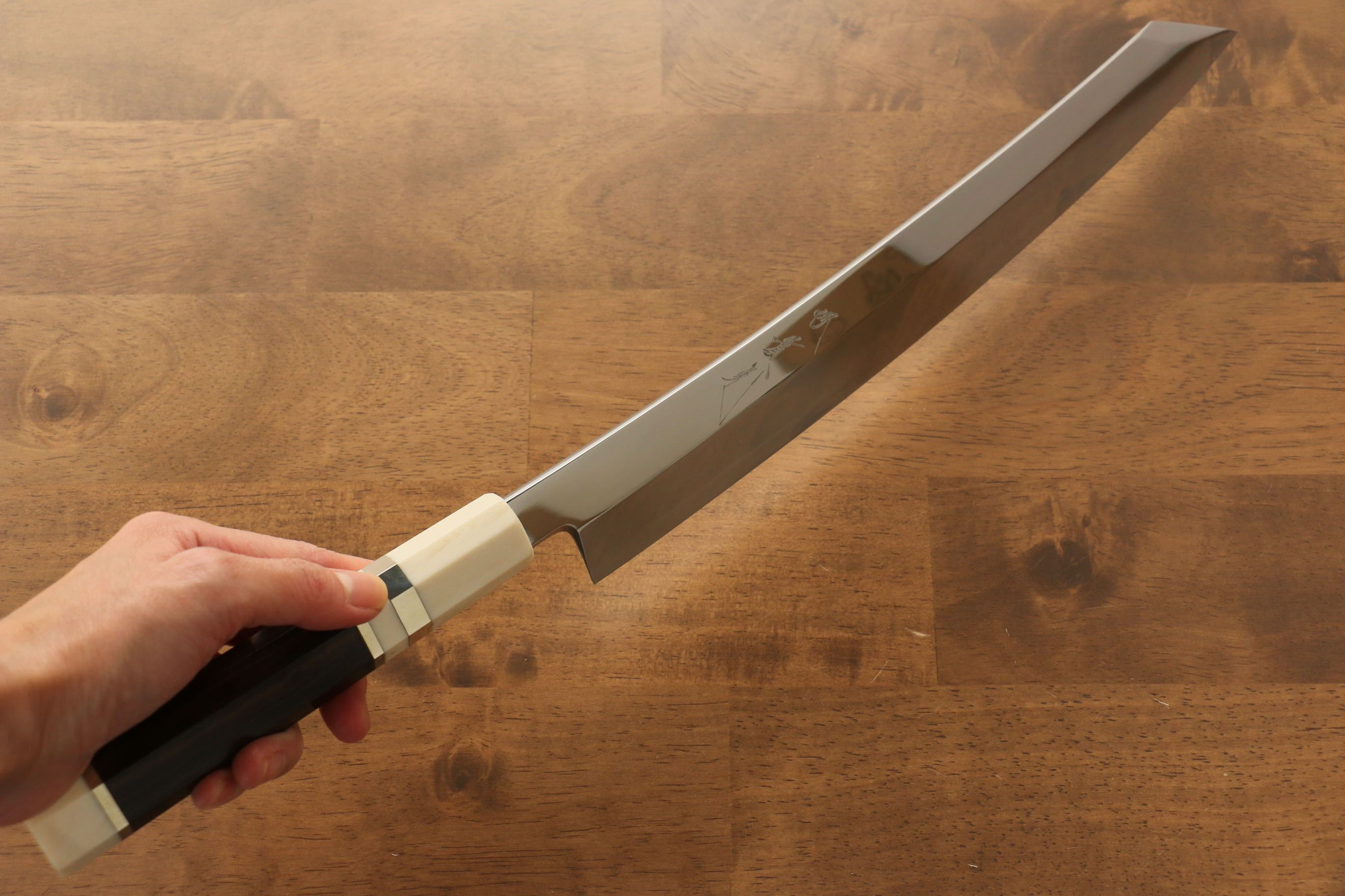 Premium Jikko Silver Steel No.3 Kiritsuke Yanagiba Knife 300mm - Mirror Finish, Ebony Wood Handle with Ring - Perfect for Sushi Chefs & Japanese Cuisine Lovers
