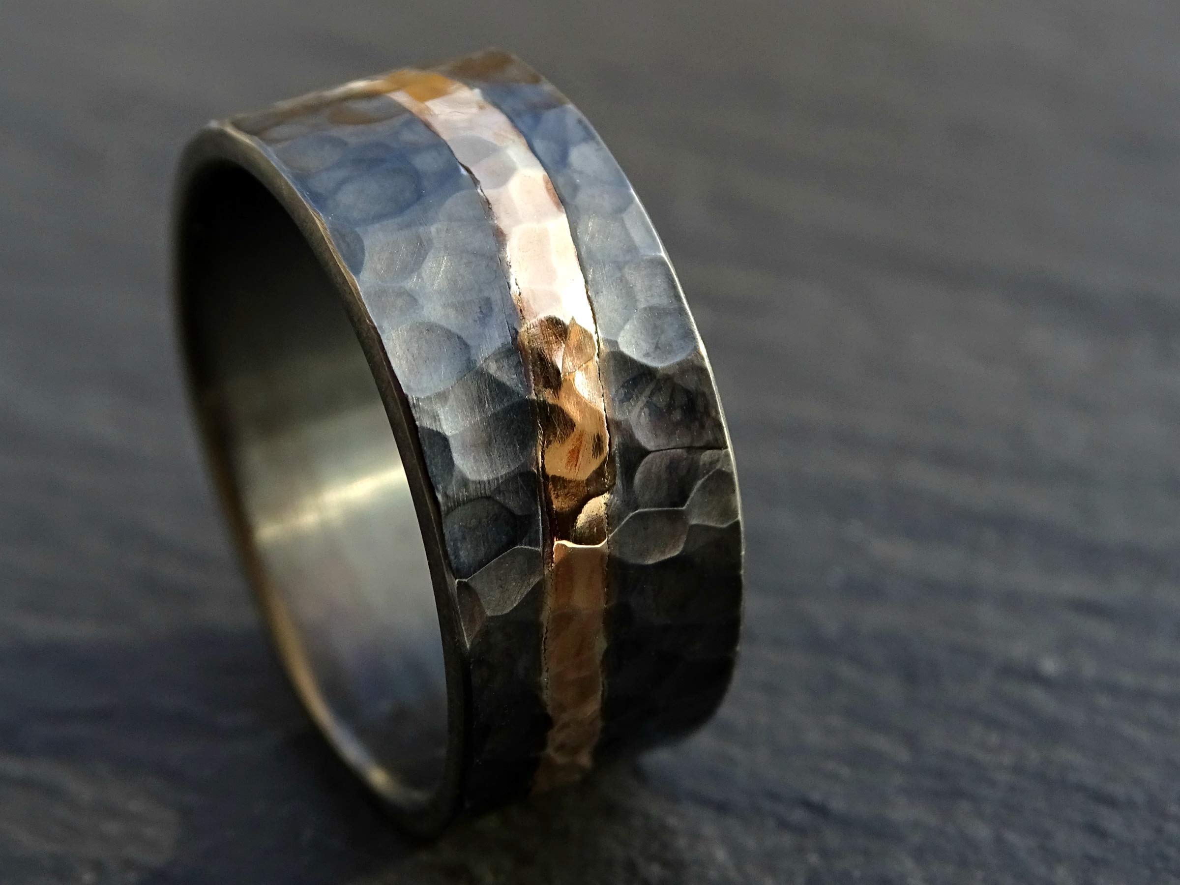 Forged Men's Viking Ring - Black Gold Wedding Band, Rustic Gold Wave Inlay, Perfect for Beach Weddings, Engagements, and Everyday Wear