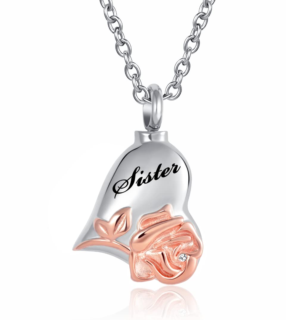 Rose Flower Cremation Urn Necklace for Ashes - Heart Memorial Locket Pendant Jewelry for Sister - Keepsake Gift for Loss of Loved One - Perfect for Memorial Services & Remembrance