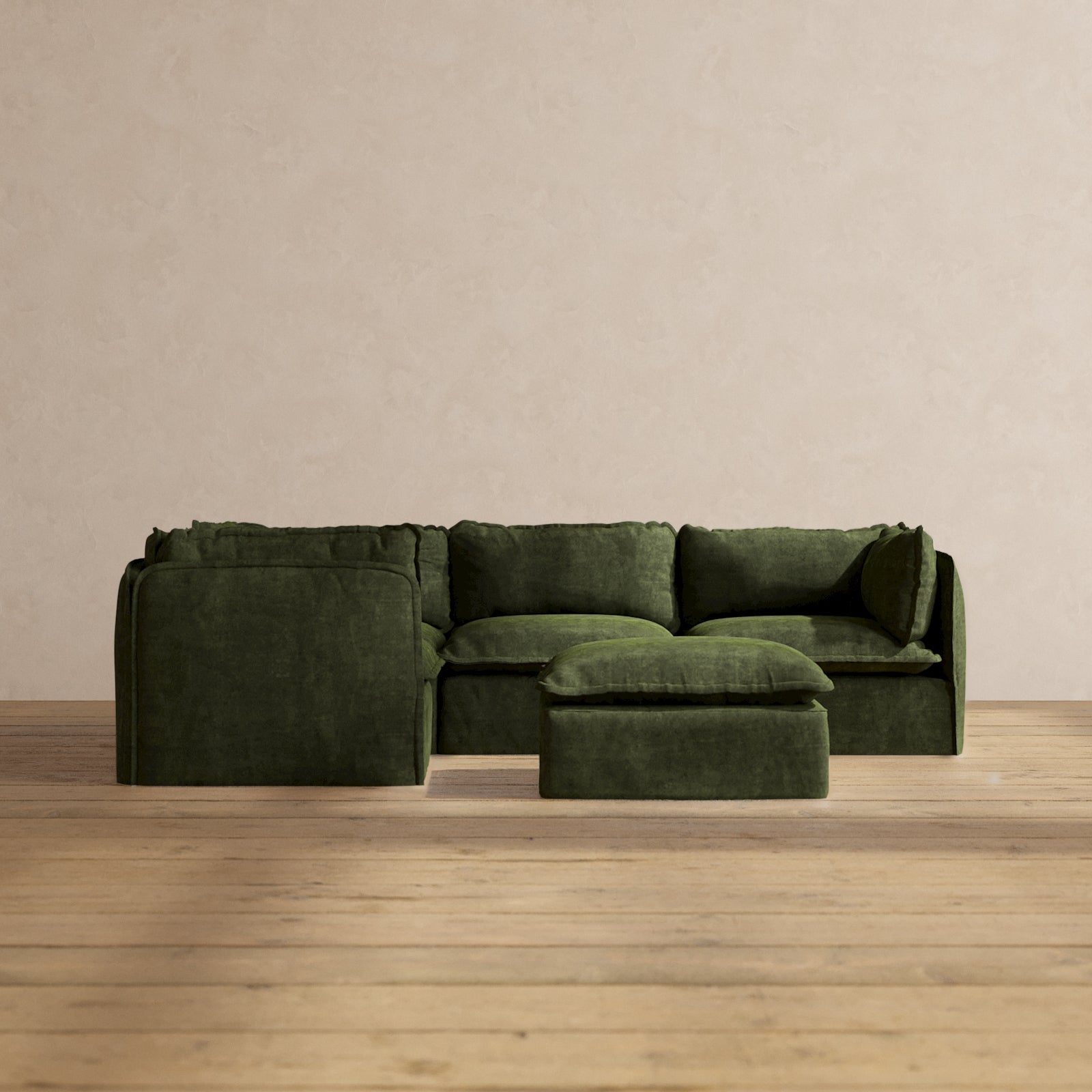 Modular Performance 4-Seater Corner Sectional Sofa with Ottoman in Olive Green | Modern L-Shaped Couch for Living Room | Perfect for Family Gatherings & Movie Nights