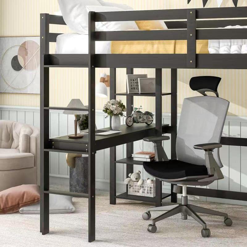 Harper & Bright Designs Full Size Loft Bed with Built-in Desk & Storage Shelves - Solid Wood Loft Bed Frame for Kids, Teens & Adults - Space-Saving Study & Sleep Solution for Small Bedrooms (Full Size, Espresso)