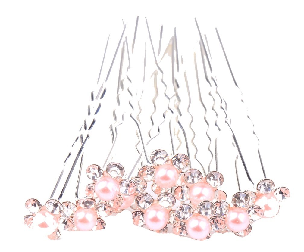 10pcs Pink Crystal Bun Hair Pins with Pearls - Bridal Wedding Hair Accessories Set with Jewelry Bag - Perfect for Brides, Bridesmaids, Prom, and Formal Events