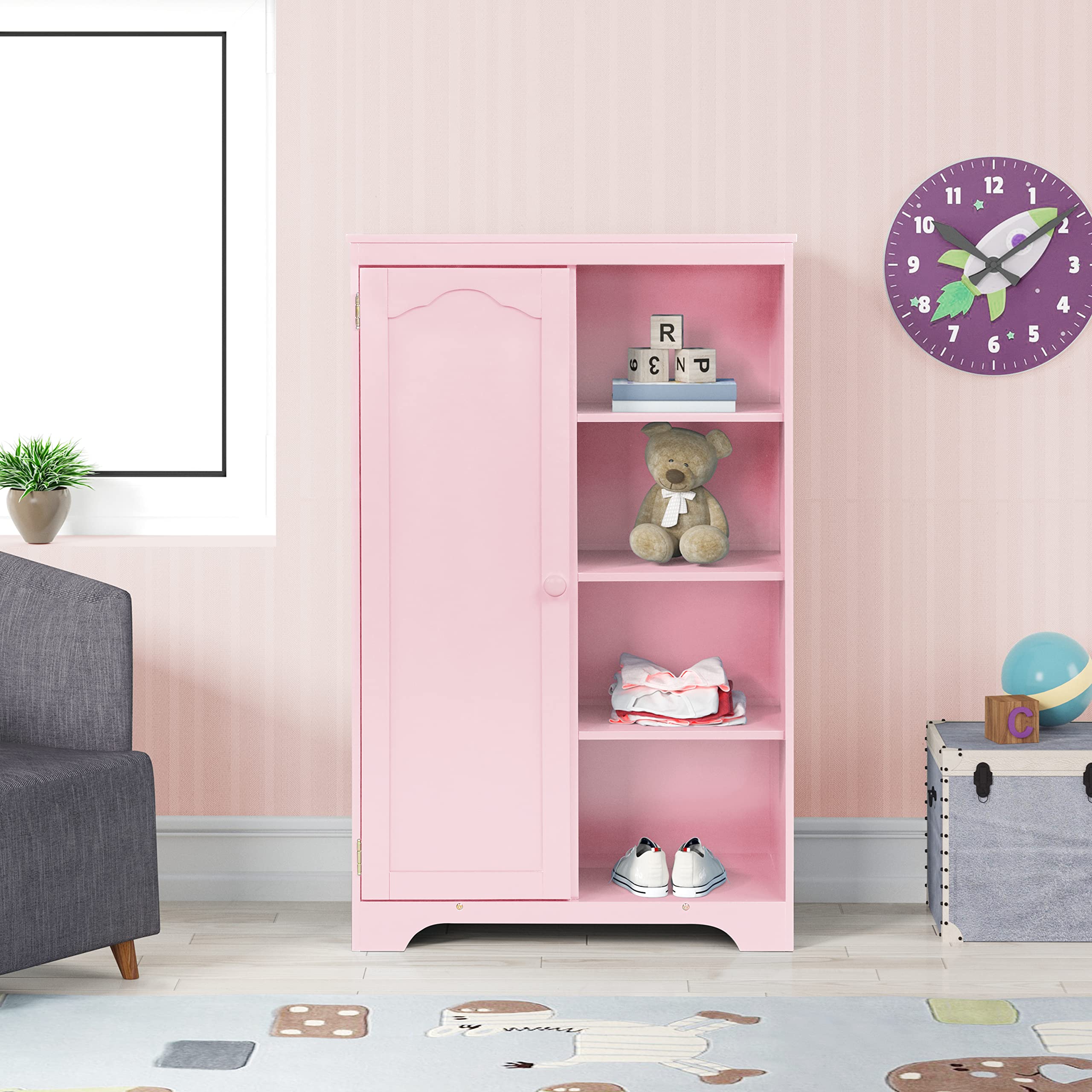 Wooden Freestanding Bathroom Cabinet with Shelf - Kids Storage Organizer for Bathroom Floor, Pink - Perfect for Small Spaces, Kids' Bathrooms & Home Organization