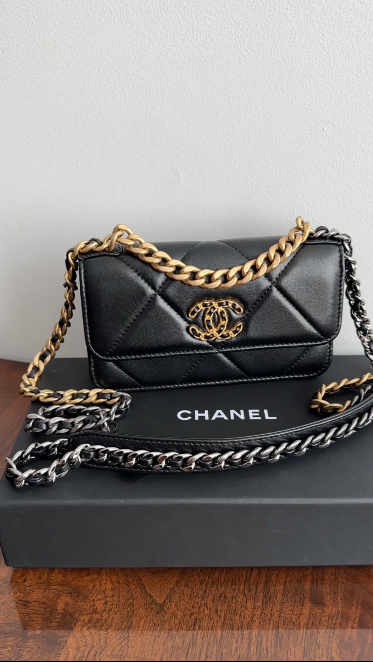 Chanel 19 Black Leather Lambskin Quilted Flap Phone Holder - Luxury Designer Phone Case for iPhone & Samsung - Perfect for Parties, Travel & Everyday Use