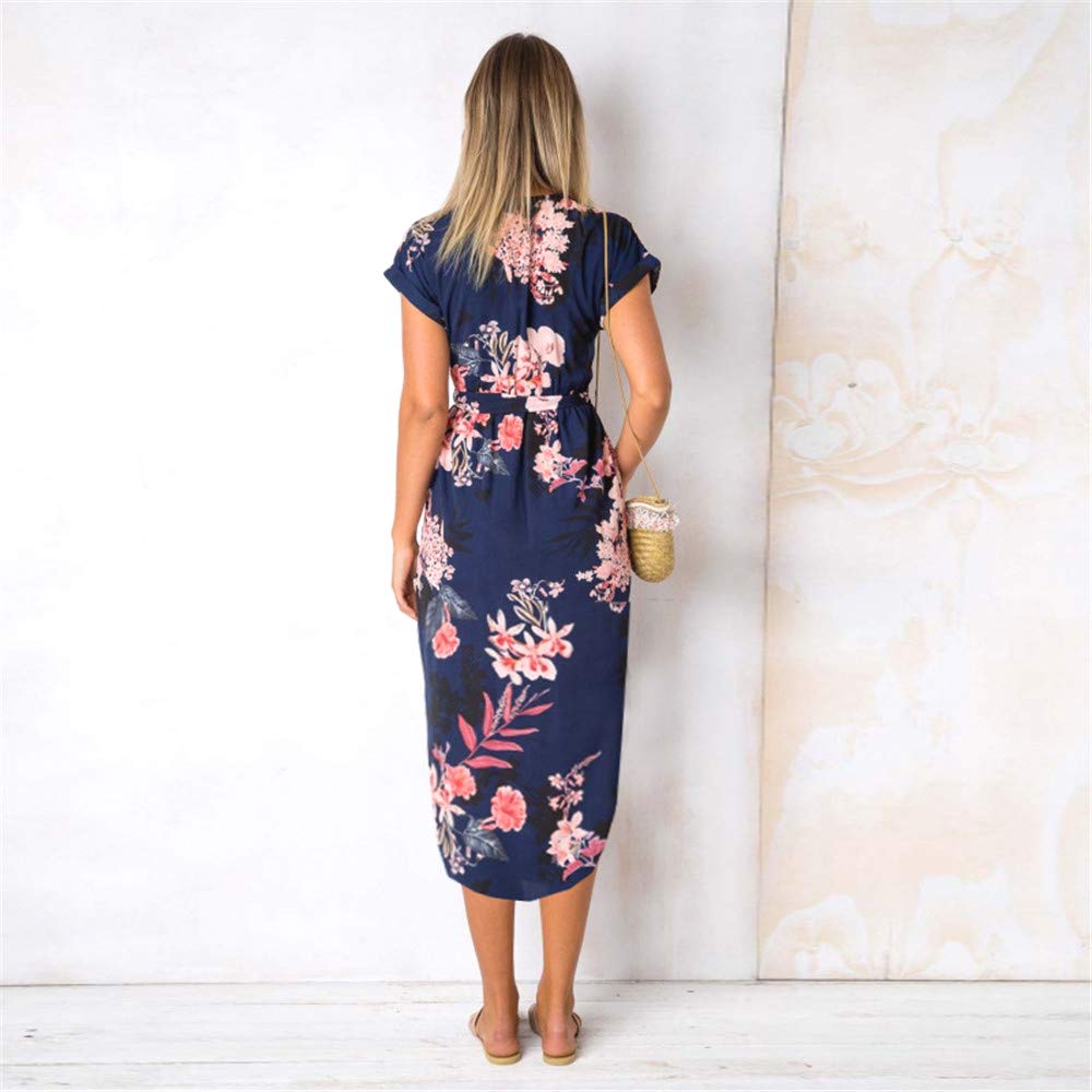 LitBud Women's Midi Dress - Summer V-Neck Short Sleeve Casual Office Dress with Geometric Belt | Perfect for Work, Date Night & Summer Outings