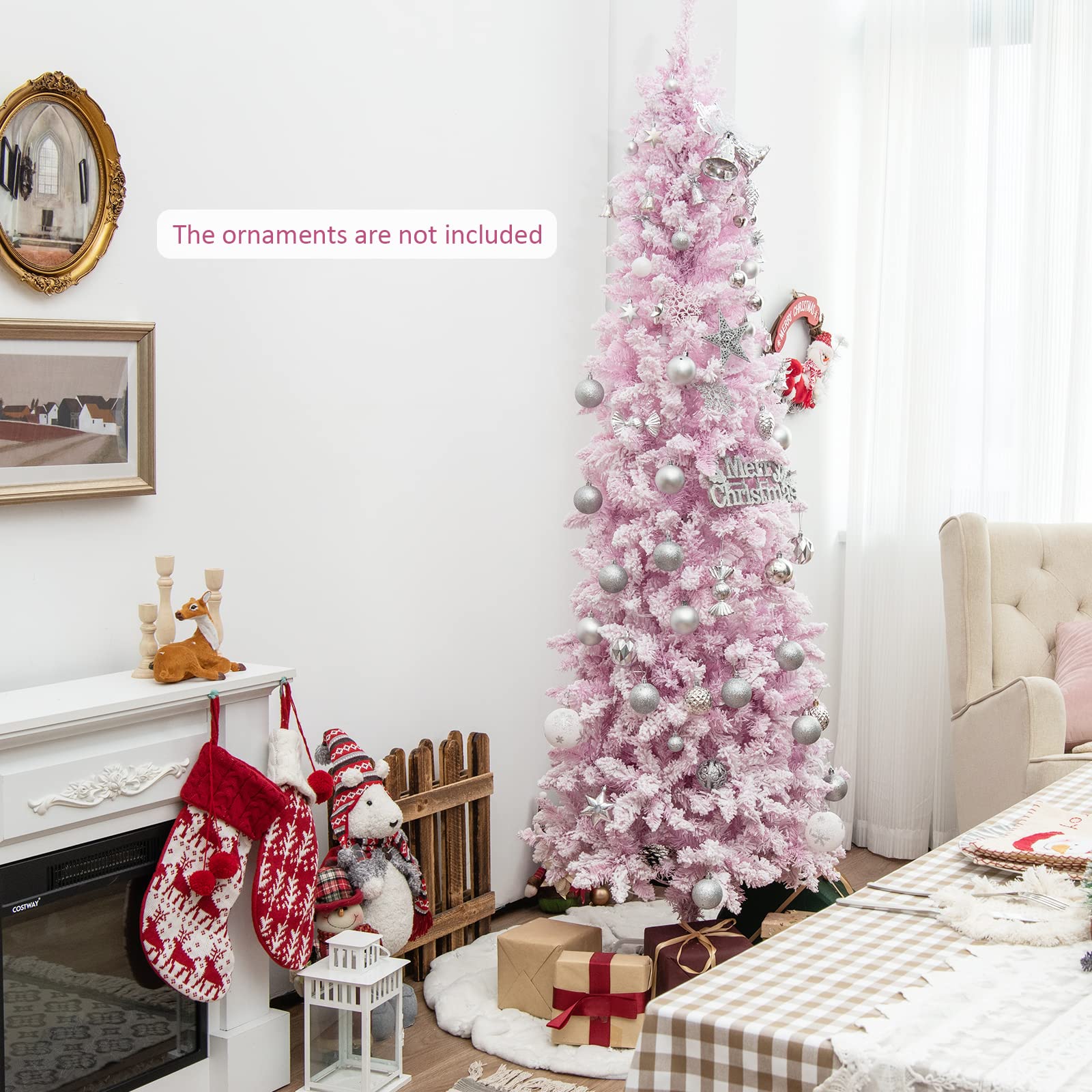 HAPPYGRILL 7FT Pre-Lit Pink Pencil Christmas Tree with Snow Flocked Artificial Slim Design - 800 Branch Tips & 300 LED Lights (8 Lighting Modes) - Perfect for Home, Office, and Holiday Decorations