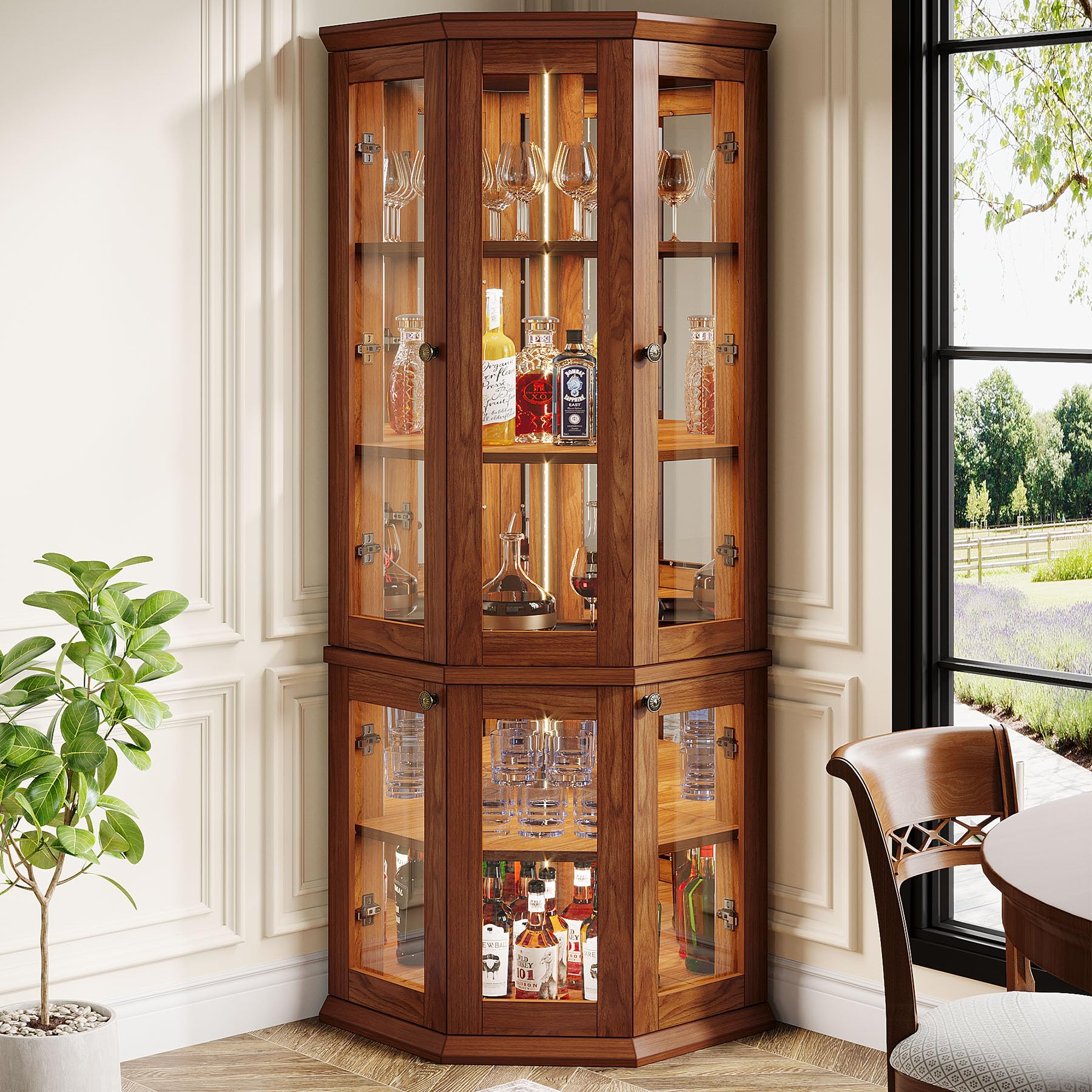 Tribesigns Modern Corner Bar Cabinet with LED Lights - 5-Tier Tall Wine & Liquor Storage Cabinet with Doors - Stylish Home Bar for Dining Room, Living Room, Kitchen - Perfect for Entertaining Guests & Home Decor (Brown)