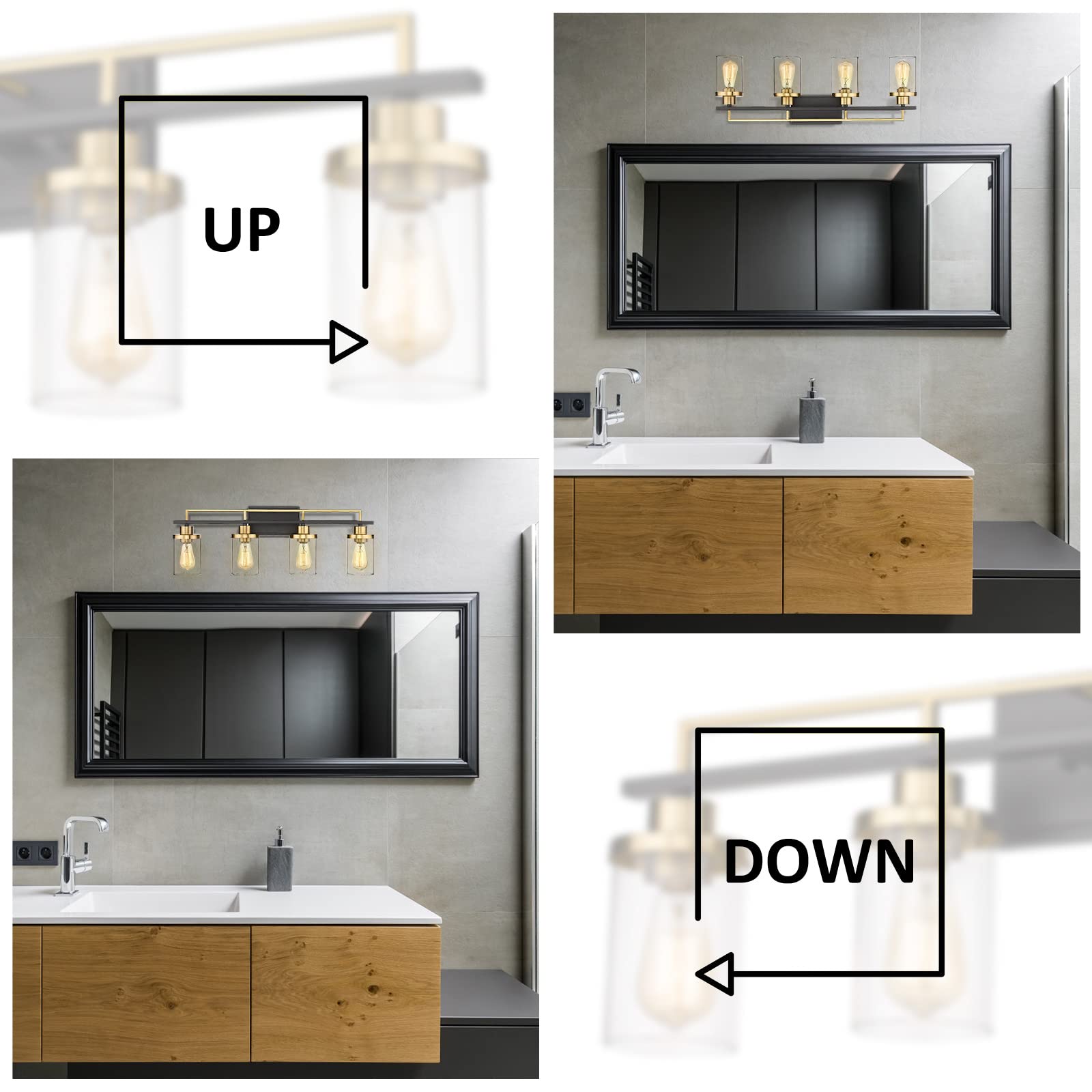 Emliviar Modern Bathroom Vanity Light - 4-Light Wall Sconce with Black & Gold Finish, Clear Glass Shade for Bathroom Lighting (YCE238B-4W BK+BG) - Perfect for Master Bath, Powder Room & Spa-Style Decor