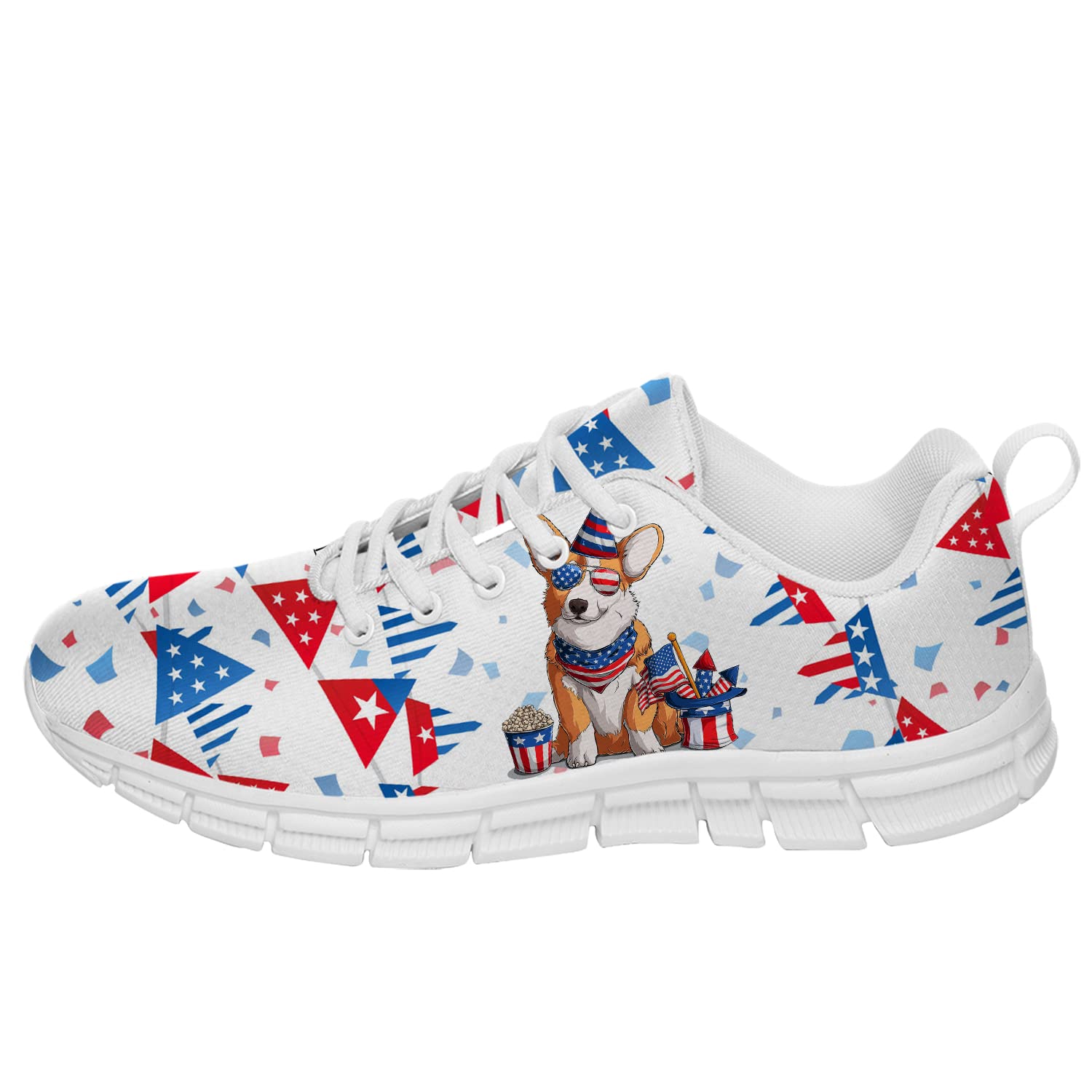 Custom 3D Printed Patriotic Welsh Corgi Sneakers for Women & Men - July 4th Themed Tennis Shoes (Men's Size 5, Women's Size 7) - Perfect Independence Day Gifts for Boys, Girls & Adults - Great for Casual Wear, Parties & Patriotic Events