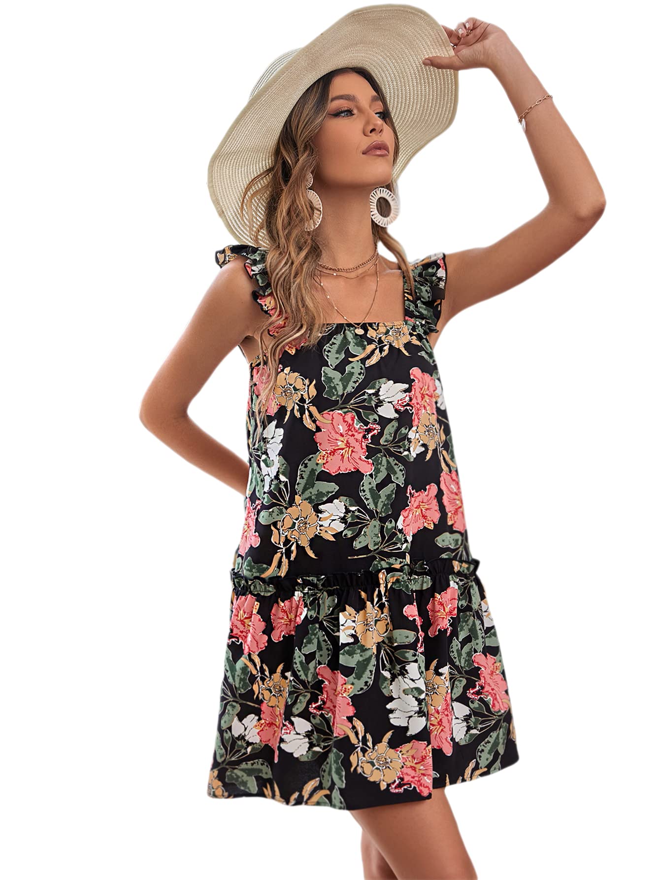 SheIn Women's Floral Print Sleeveless Boho Dress - Square Neck Ruffle Hem Short Summer Dress for Beach Vacation, Party & Casual Outings