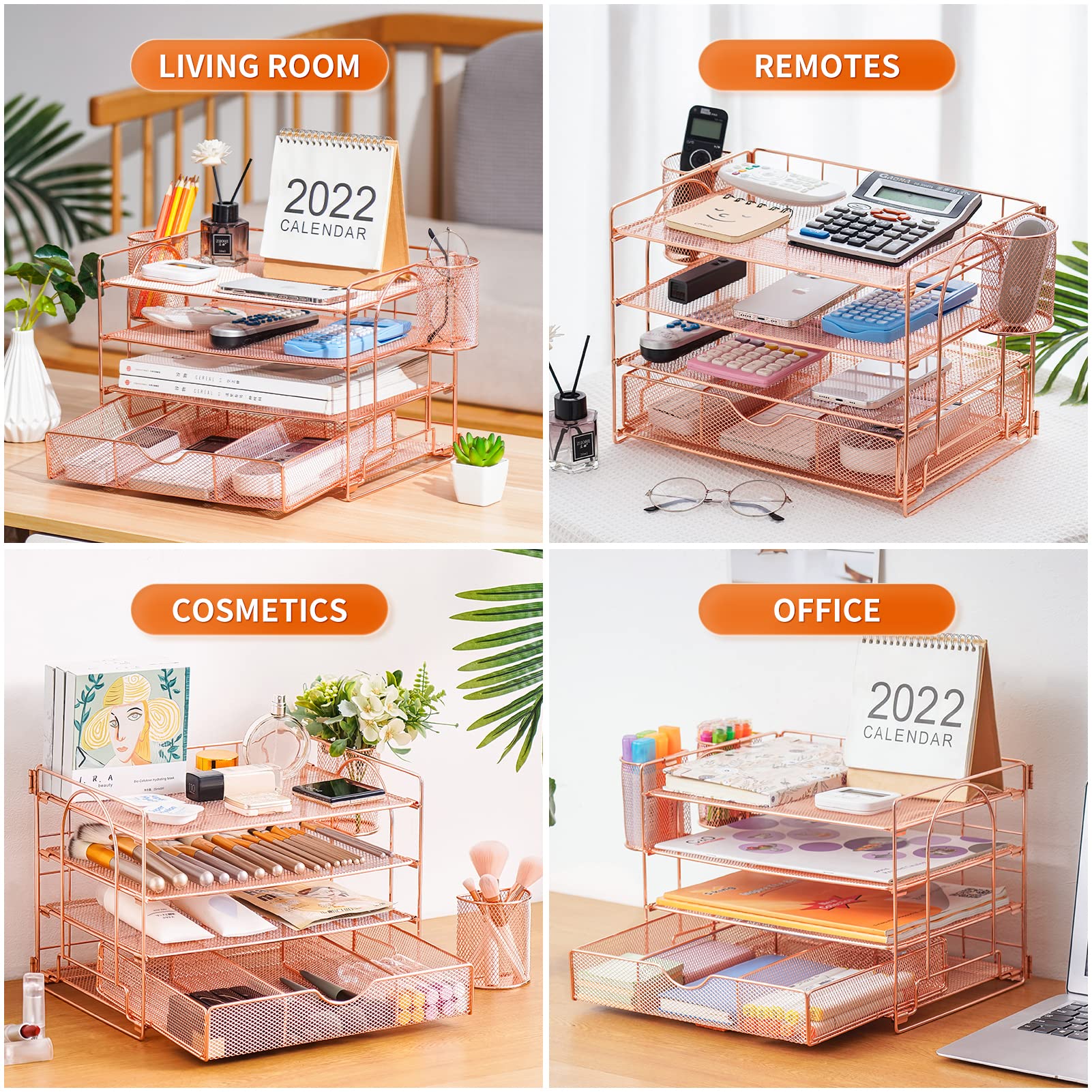 Lavatino 4-Tier Rose Gold Paper Letter Tray Organizer with File Holder & Drawer - Desk Accessories for Office Supplies, Workspace Organization - Perfect for Home Office, School, and Professional Workspaces
