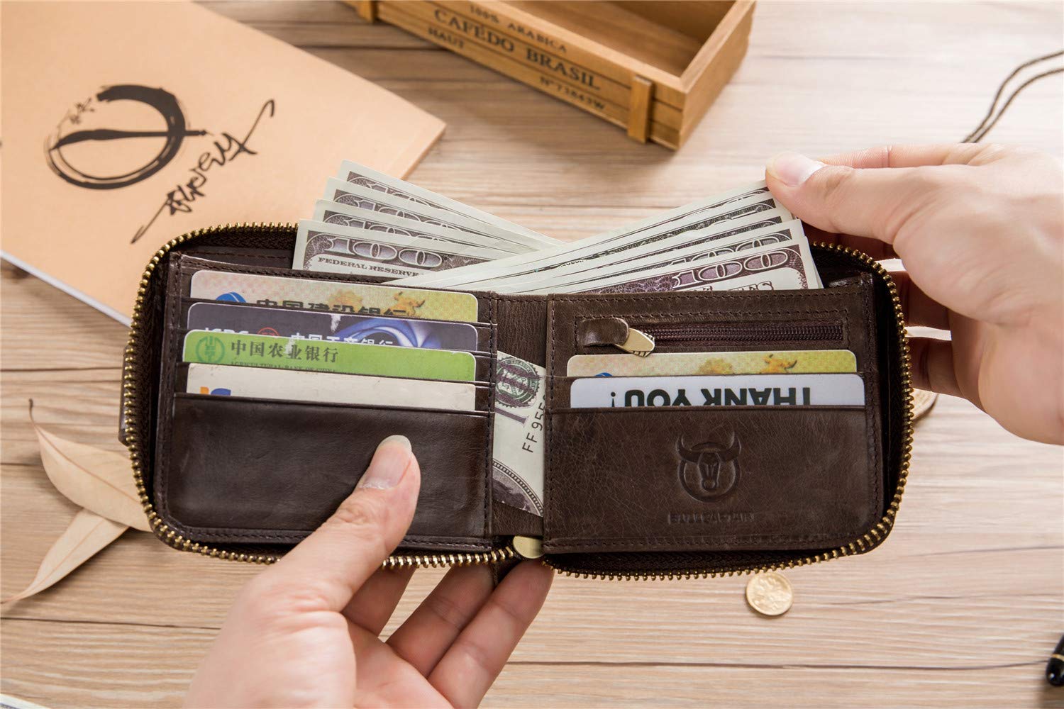 BAIGIO RFID Blocking Men's Leather Wallet with Zipper Closure - Slim Bifold Design for Multiple Cards & Cash - Premium Brown Leather Wallet for Everyday Use & Travel