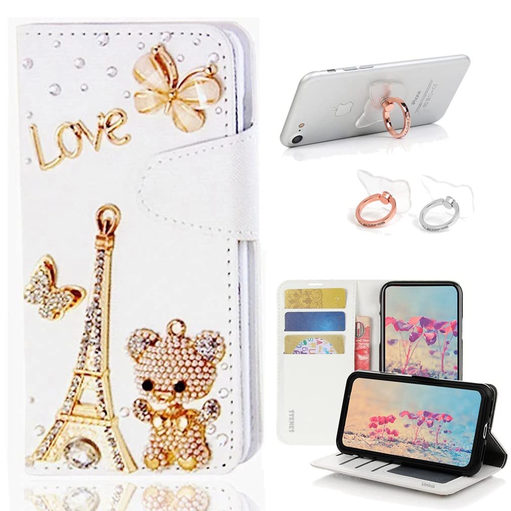 STENES Bling Wallet Case for Google Pixel 3a XL - 3D Handmade Eiffel Tower Bear Butterfly Leather Cover with Ring Stand Holder [2 Pack, Gold] - Stylish Protective Phone Case for Women, Perfect for Travel, Shopping & Daily Use