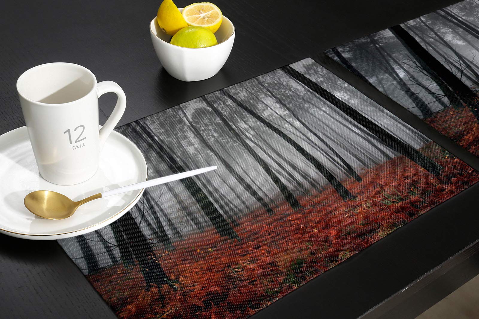 Spooky Red Maple Forest Placemats Set of 4 - Washable Modern Table Mats for Dining, Gray & Misty Scenery Design - Perfect for Home, Party, Wedding & Holiday Decor - Indoor & Outdoor Use