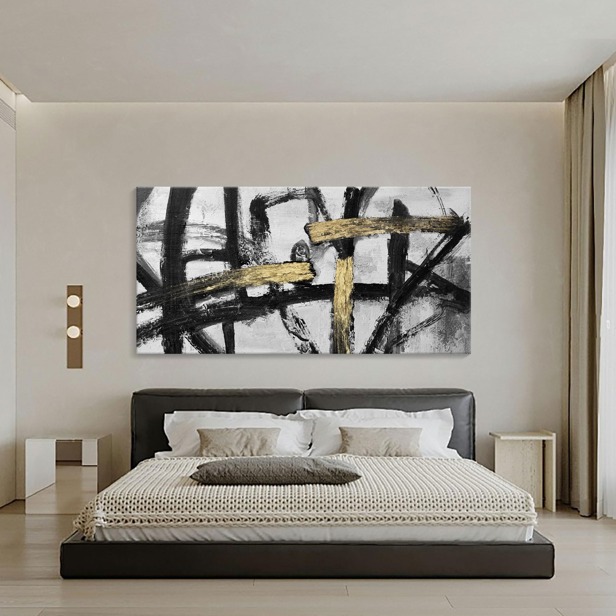 Abstract Wall Art Painting - Large Black White Gold Ink Dancing Canvas Print for Living Room, Bedroom, Dining Room & Office Decor (29x58 inches) - Modern Home Decor for Stylish Interiors & Gift Ideas