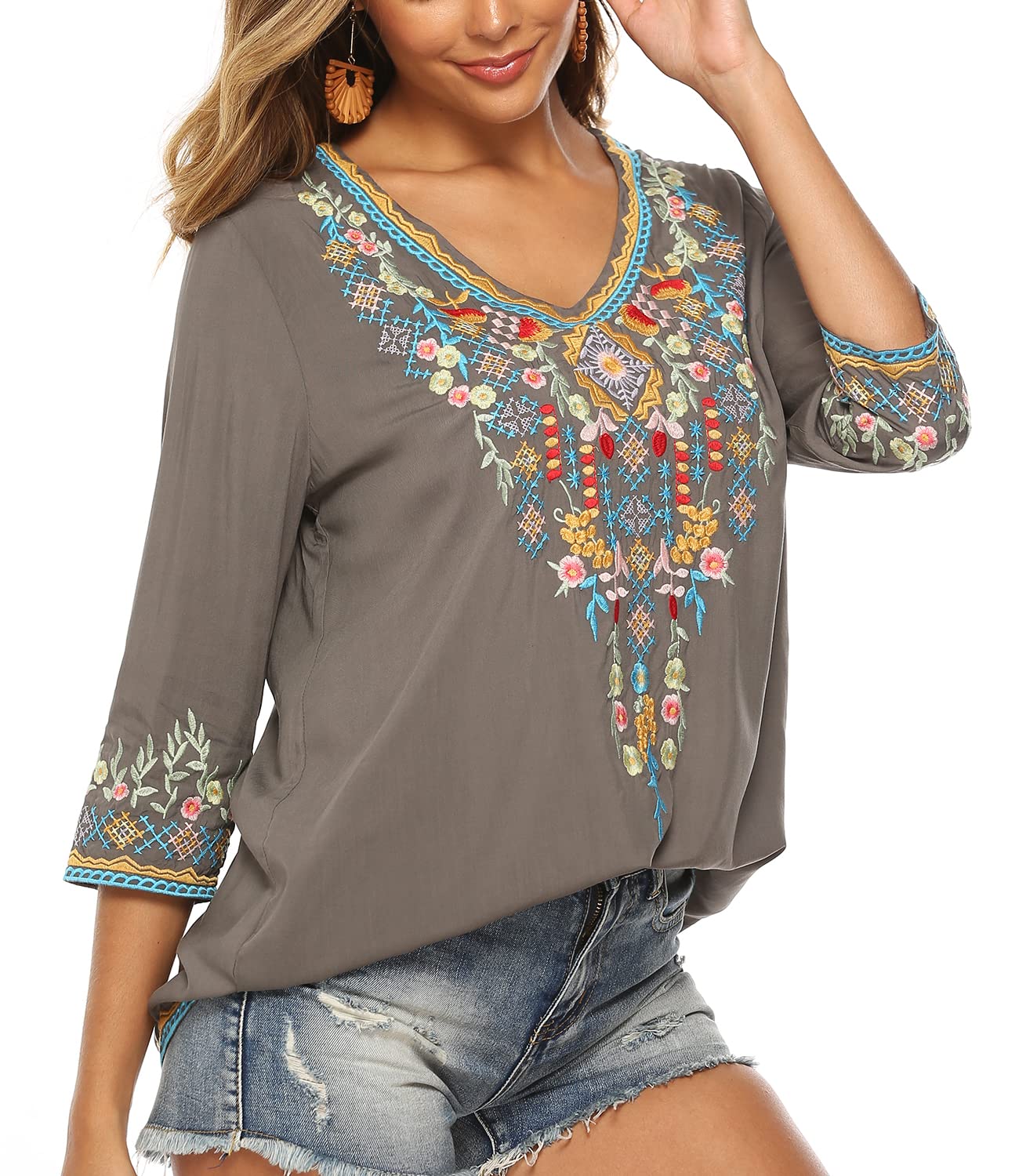 Higustar Women's Mexican Embroidered Boho Blouse - Floral Hippie Tunic Top for Summer, Fiesta & Beach - Plus Size Bohemian Peasant Shirt for Casual Wear & Vacation Outfits