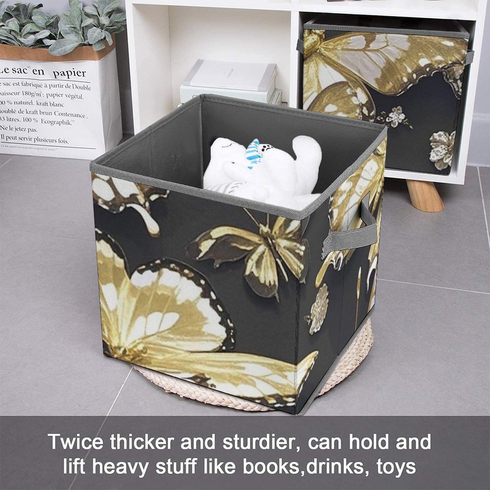 Gold & White Butterfly Pattern Collapsible Storage Bins - Large Capacity 10.6