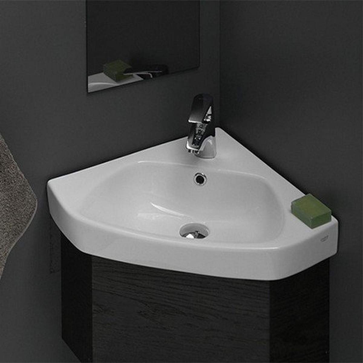 CeraStyle 001900-U One Hole Arda Corner Ceramic Self-Rimming Wall Mount Bathroom Sink White - Perfect for Small Bathrooms, Powder Rooms & Space-Saving Vanity Installations