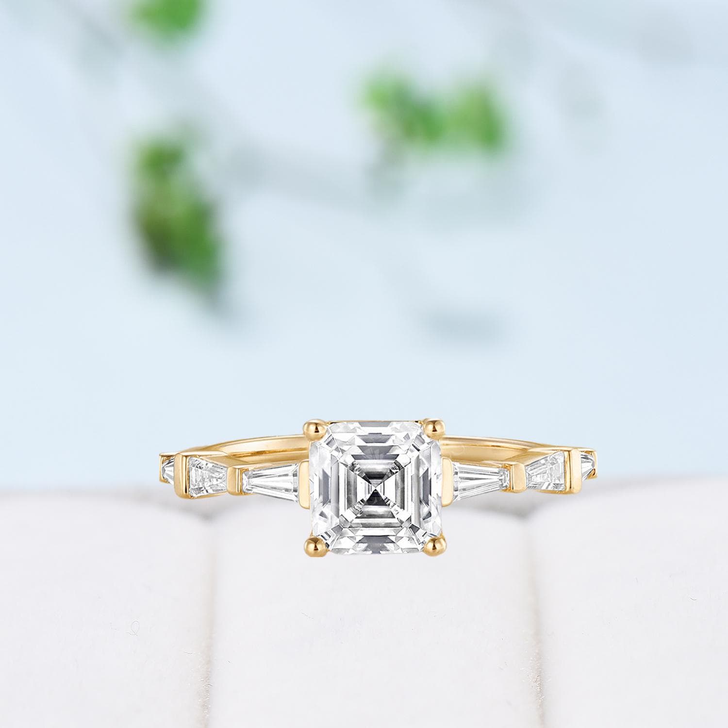 Exquisite Asscher Cut Brilliant Moissanite & Baguette Engagement Ring - 14K Rose Gold Vintage Wedding Band, Unique Anniversary Promise Ring for Women - Perfect for Proposals, Weddings & Special Occasions