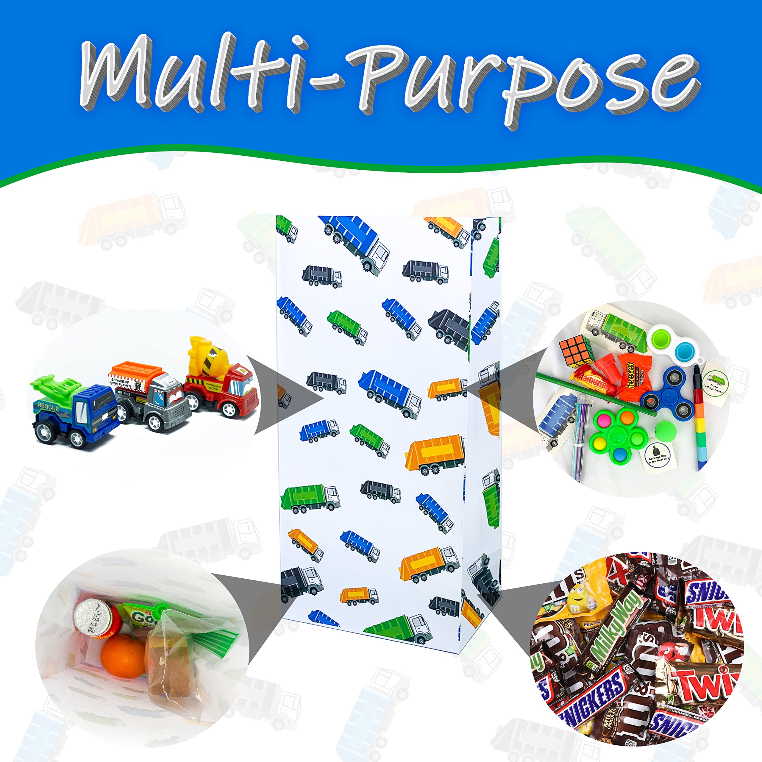 Finds Fit 4U Garbage Truck Themed Party Favor Bags - Bulk Pack for Kids Birthday Parties, School Lunches & Trash Truck Events | Durable Reusable Gift Bags for Boys & Girls | Perfect for Themed Decorations, Goodie Bags & Party Supplies