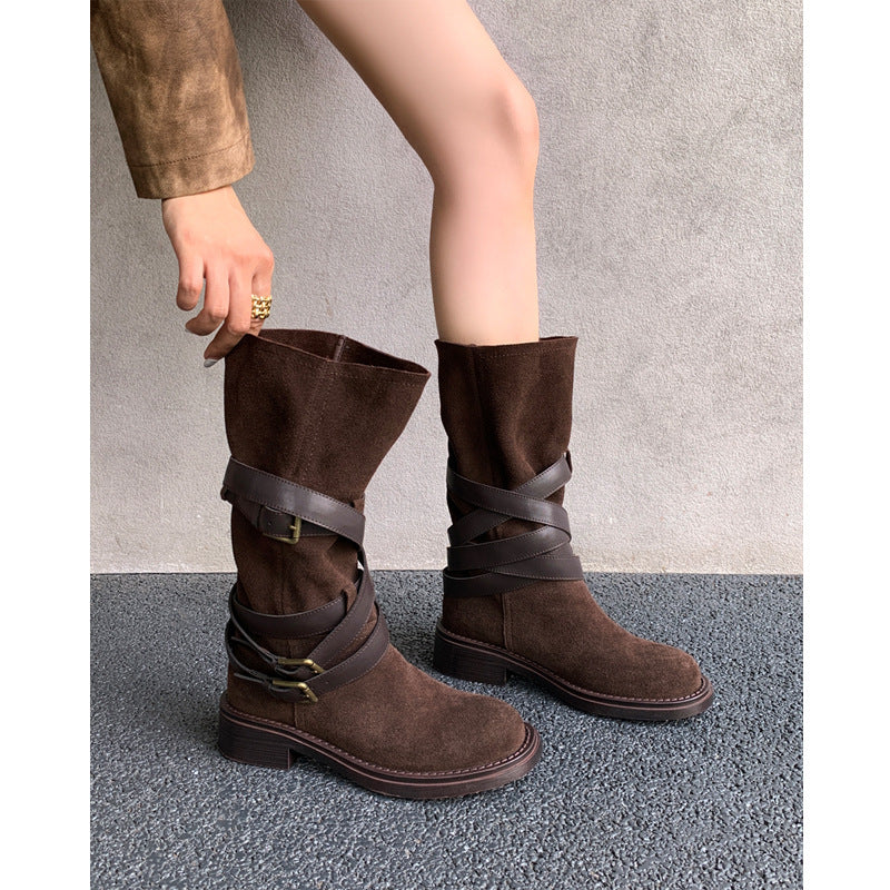 2025 Western Cowboy Boots for Women - Maillard Travel Wear Summer Belt Buckle Pile Boots, Tall Wasteland Boots | Perfect for Rodeo, Country Music Festivals & Outdoor Adventures