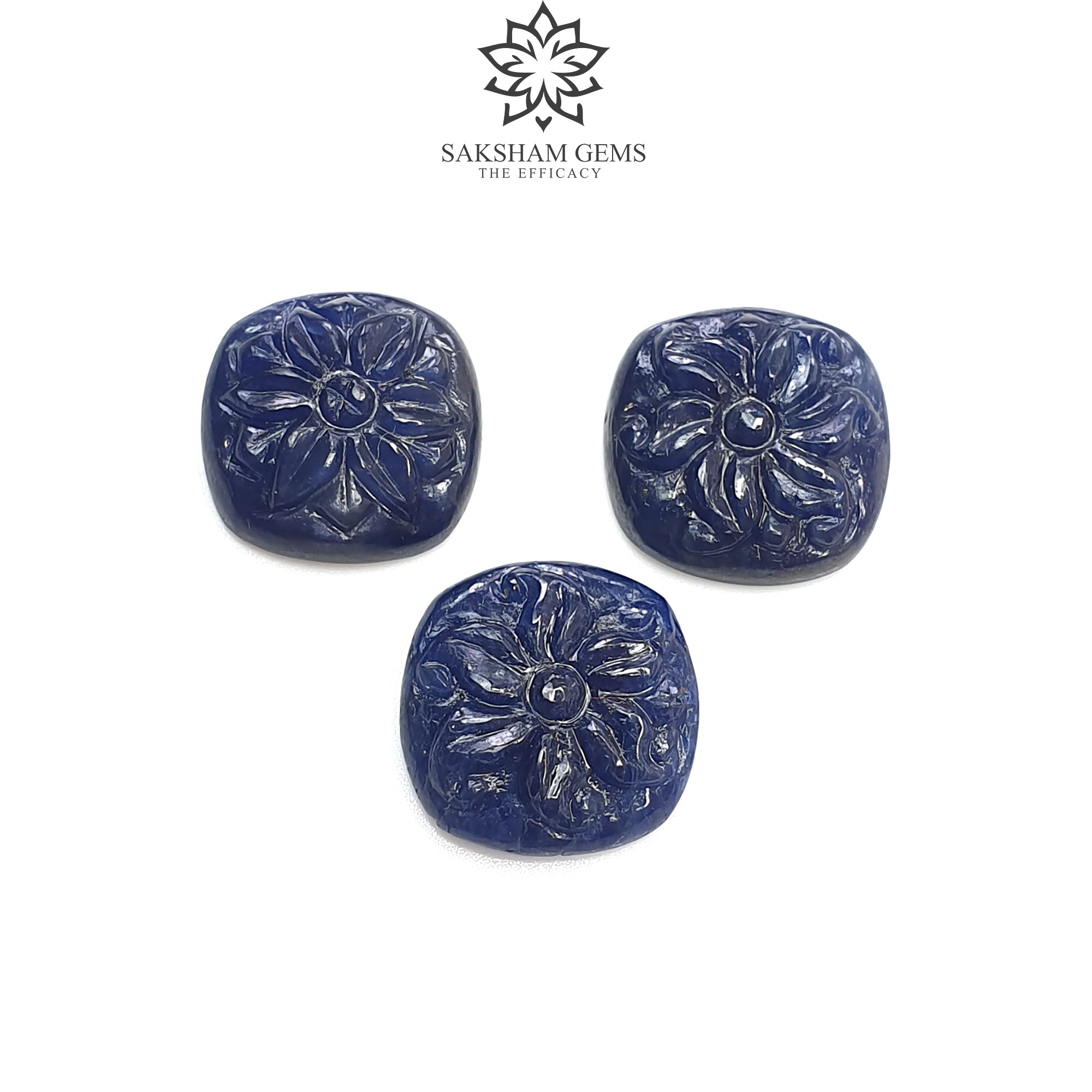 Natural Deep Blue Sapphire Gemstone Carving - 23.40cts Untreated Unheated Hand-Carved Cushion Shape (14x12mm & 14x13mm, 3pcs) | Perfect for Jewelry Making, Engagement Rings & Luxury Gifts