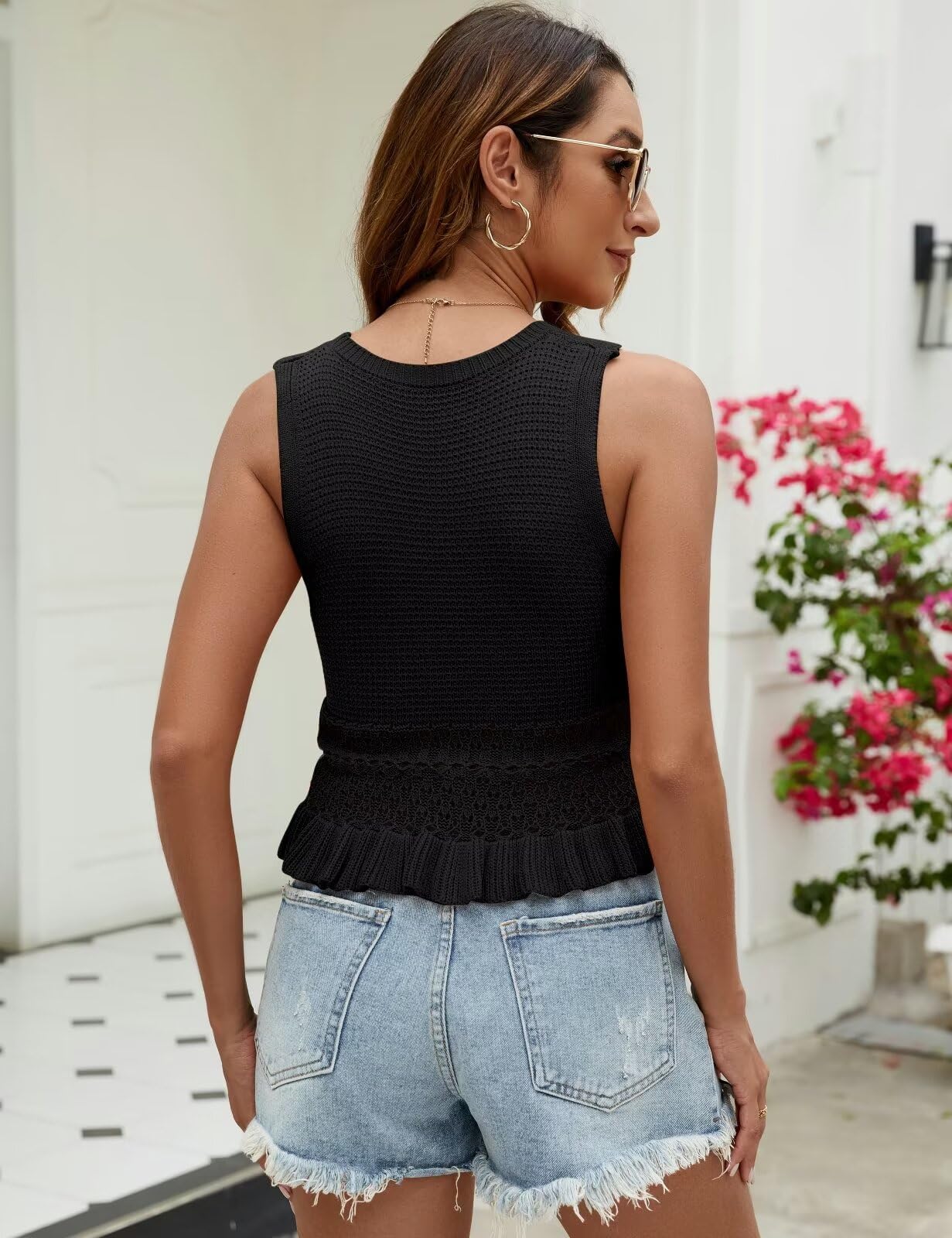 CiCiBird Women's Cute Crochet Crop Sweater Vest - Sleeveless Knit Pullover Top with Ruffle Hem - Perfect for Spring Layering & Casual Outfits