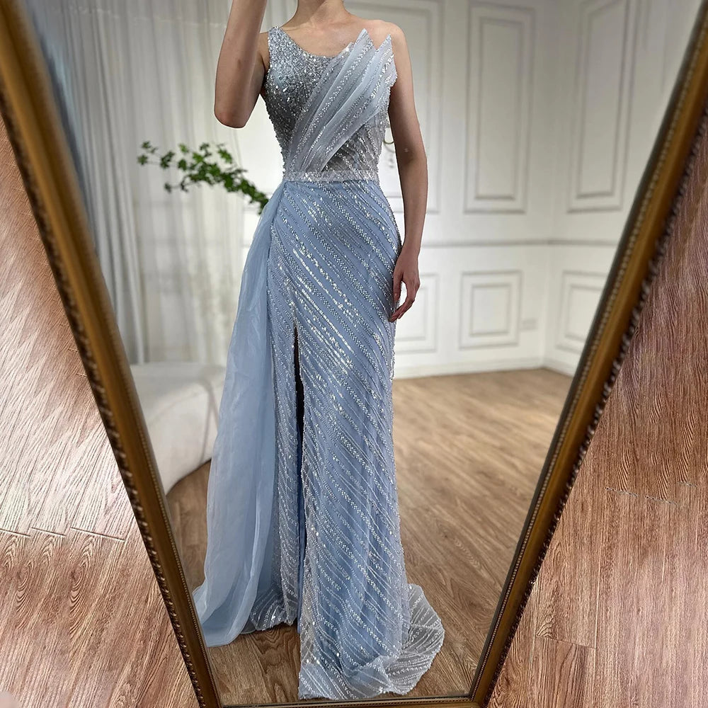 Luxury Dubai Blue One Shoulder Split Saudi Evening Gown with Beaded Side Overskirt Dress - Formal Gown for Weddings, Galas & Special Occasions | LA72732