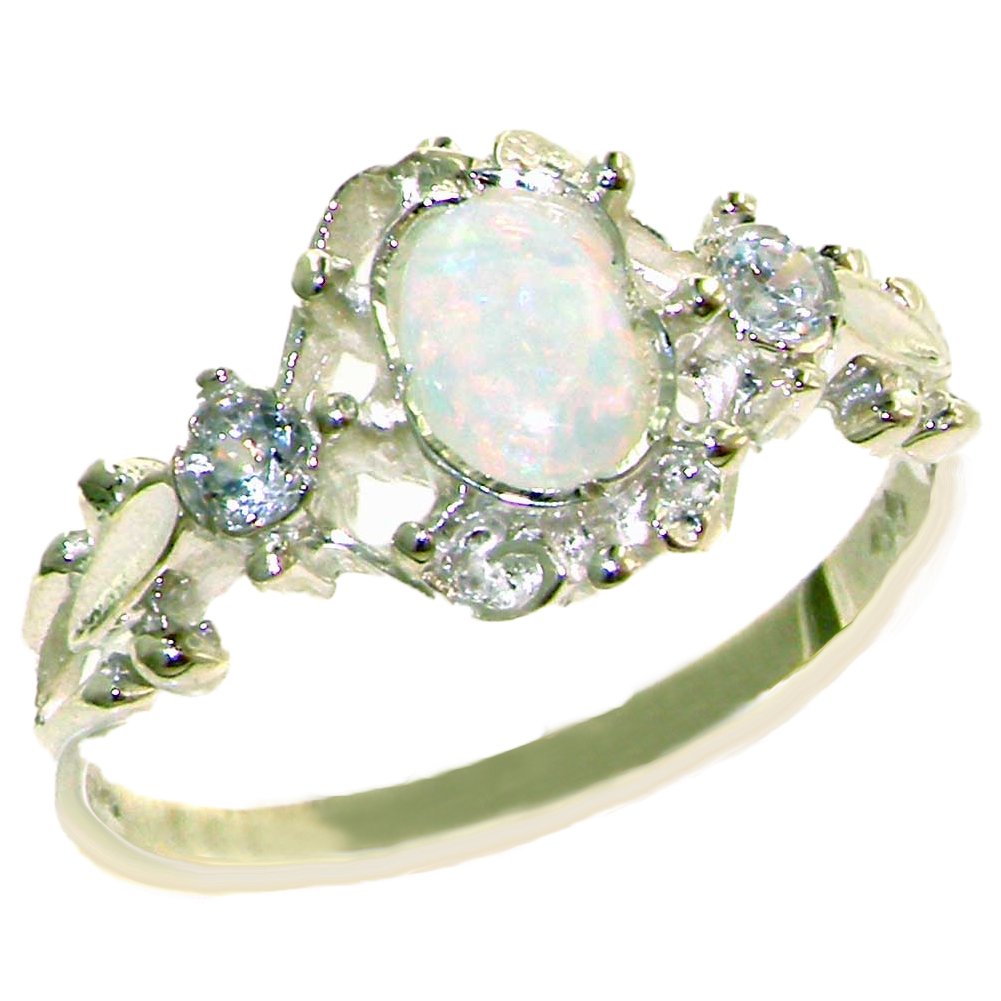 10k White Gold Cubic Zirconia & Genuine Opal Women's Band Ring - Elegant Stackable Ring for Wedding, Anniversary, or Everyday Wear | LetsBuyGold