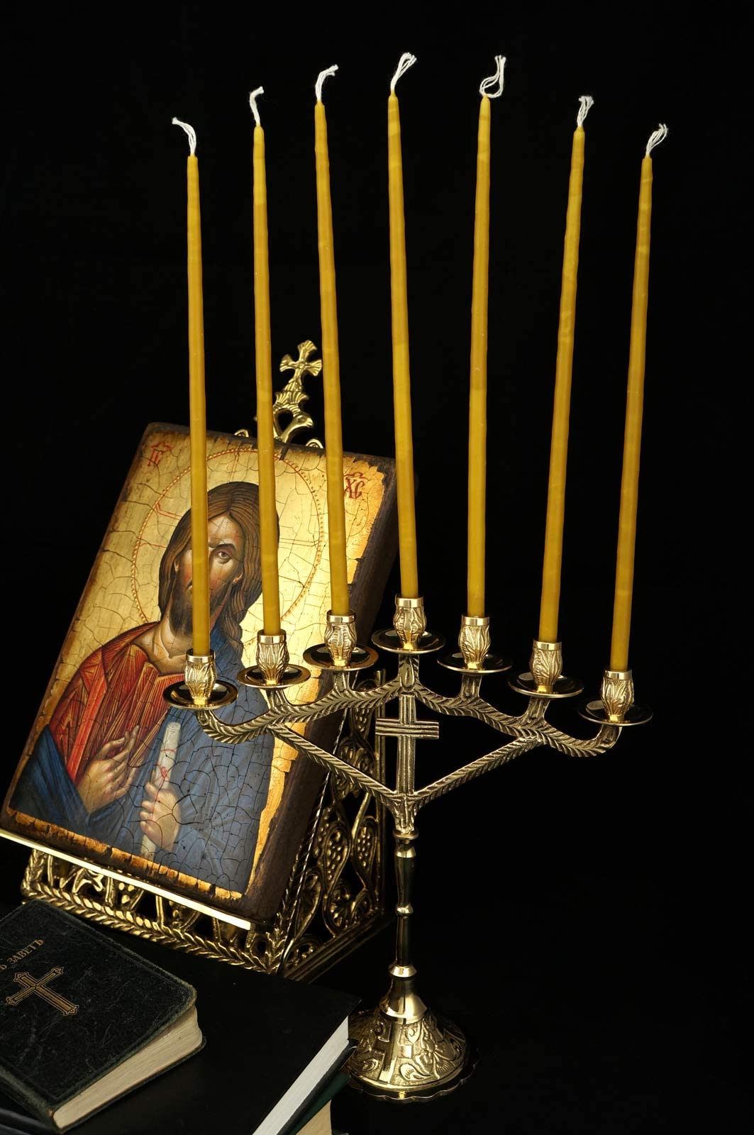 Seven Candle Christian Candelabra - Traditional Orthodox Candle Holder with 100 Pure Beeswax Taper Candles for Prayer Corner & Home Altar Decor | Religious Ceremonies, Church Services & Spiritual Meditation