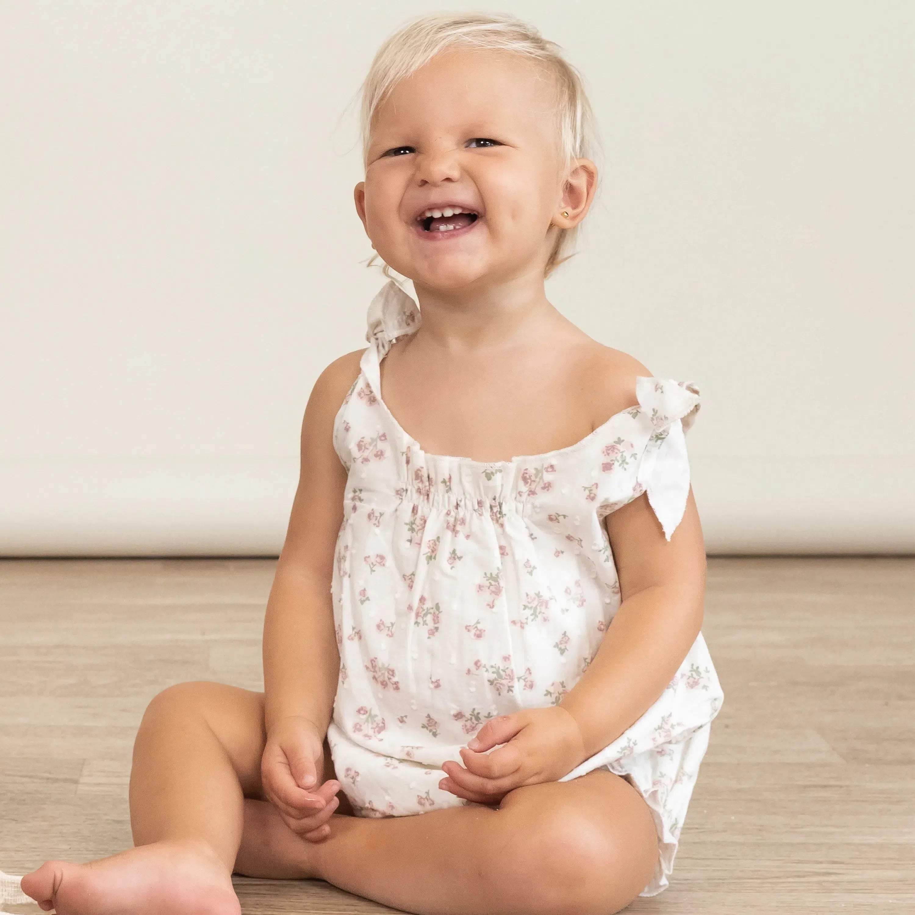Makemake Organics Tie Shoulder Bubble Romper - Floral Print Baby Jumpsuit | Perfect for Photoshoots, Playdates & Special Occasions