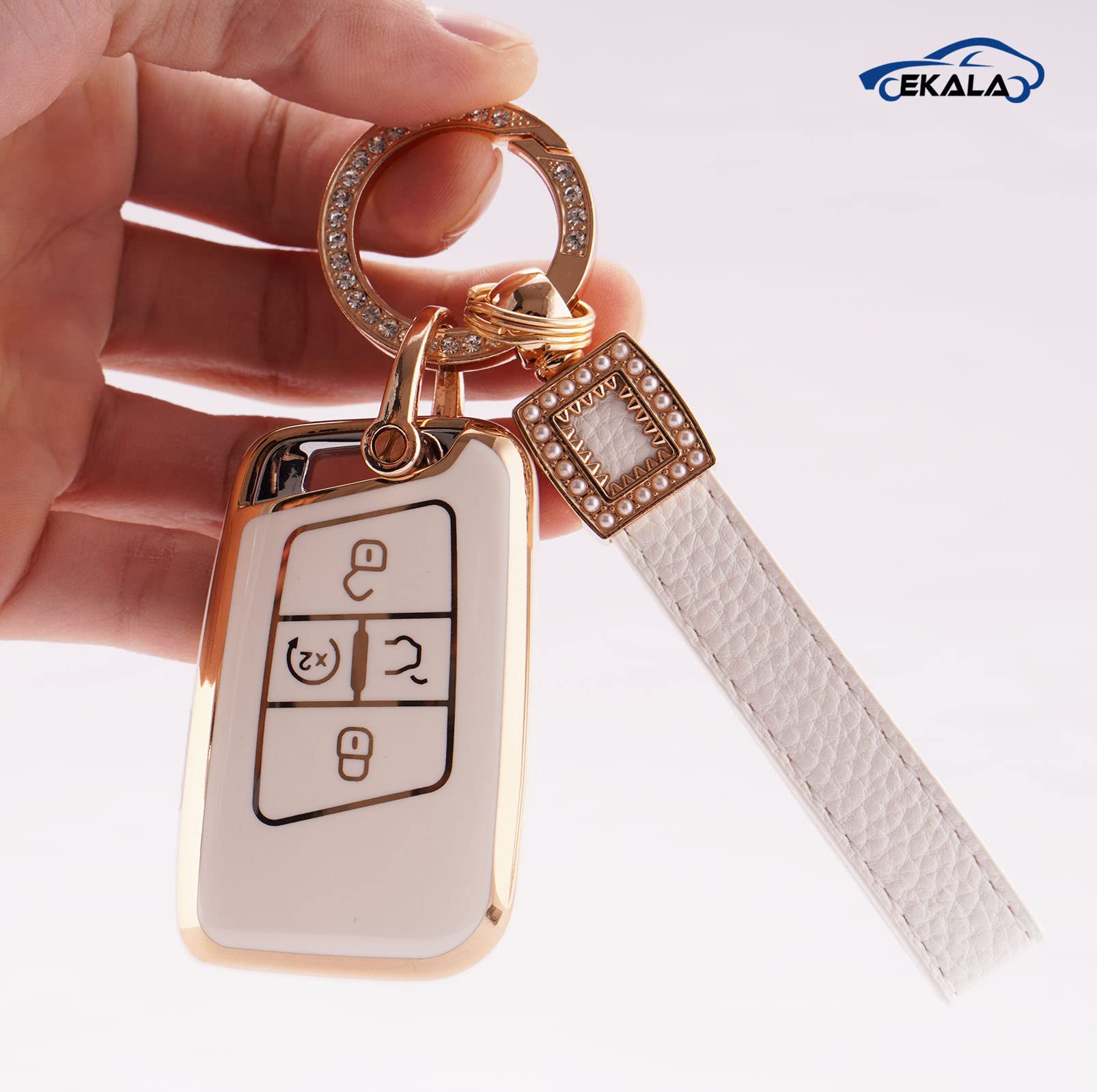 Premium Leather Key Fob Cover for Volkswagen - Soft TPU Shell with 4 Buttons (Girly White) | Compatible with Atlas, Passat, Jetta, Golf, Alltrack | Durable Protection & Stylish Accessory for Car Keys | Perfect Gift for VW Owners