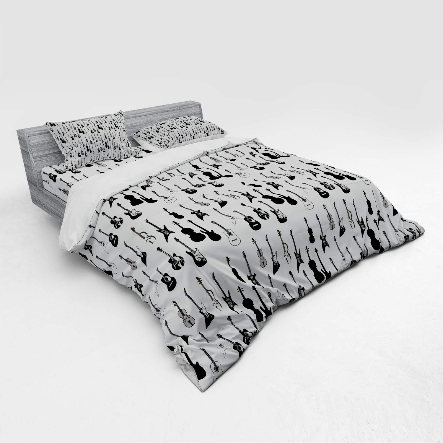 Ambesonne Music Themed Duvet Cover Set - Monochrome Strings with Acoustic, Electric Guitar, Cello & Violin Design - 4 Piece King Size Bedding Set with Shams & Fitted Sheet in Black White Grey - Perfect for Musicians' Bedrooms, Music Studio Decor or Gift for Music Lovers