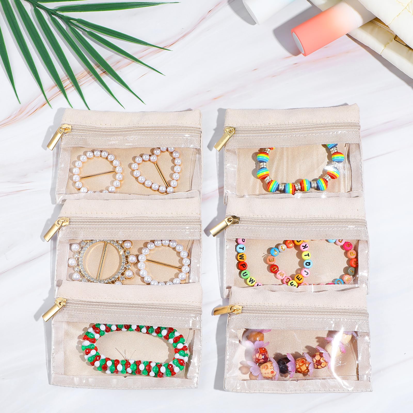6-Piece Velvet Jewelry Organizer with Zipper Pockets - Portable Travel Jewelry Case for Rings, Earrings & Necklaces - Women's Jewelry Storage Bag (Beige) | Perfect for Travel, Gifts & Daily Accessory Organization