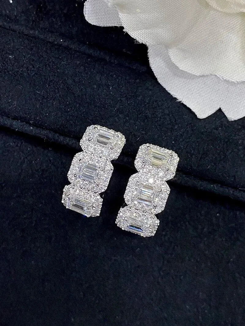 18K White Gold Diamond Hoop Earrings for Women - Real Natural Shiny E-Shaped Wedding & Engagement Jewelry - Perfect for Bridal, Anniversary, and Special Occasion Gifts