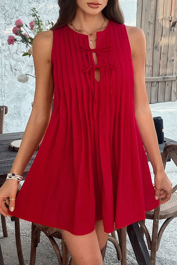 Solid Color Sleeveless Tie Pleated Casual Mini Dress for Women - Summer Beach Party, Date Night & Vacation Outfit