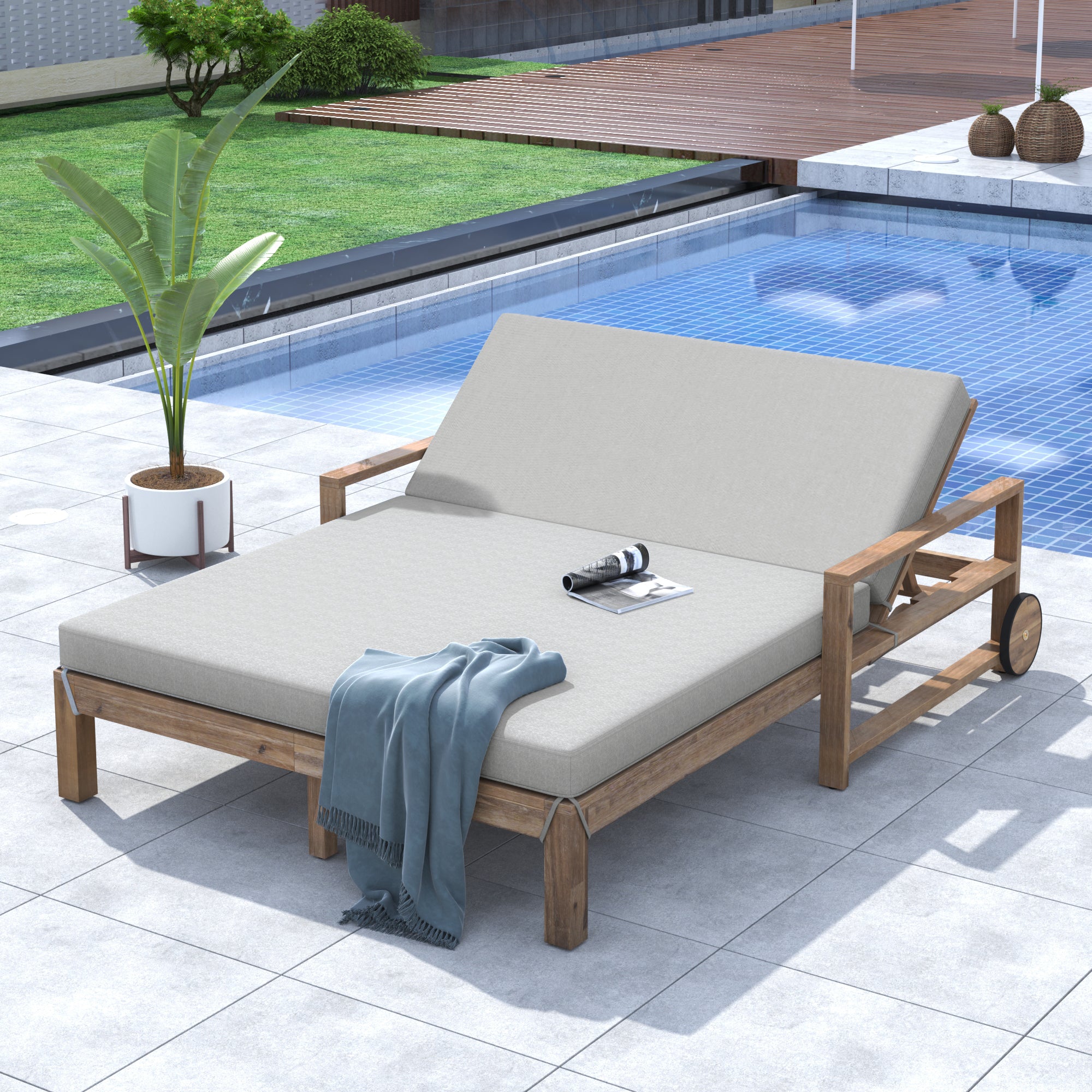 Farmhouse Style Wooden Outdoor Sunbed - 2 Person Daybed for Poolside, Garden & Backyard Relaxation | Weather-Resistant Grey Patio Furniture for Lounging, Sunbathing & Outdoor Entertaining