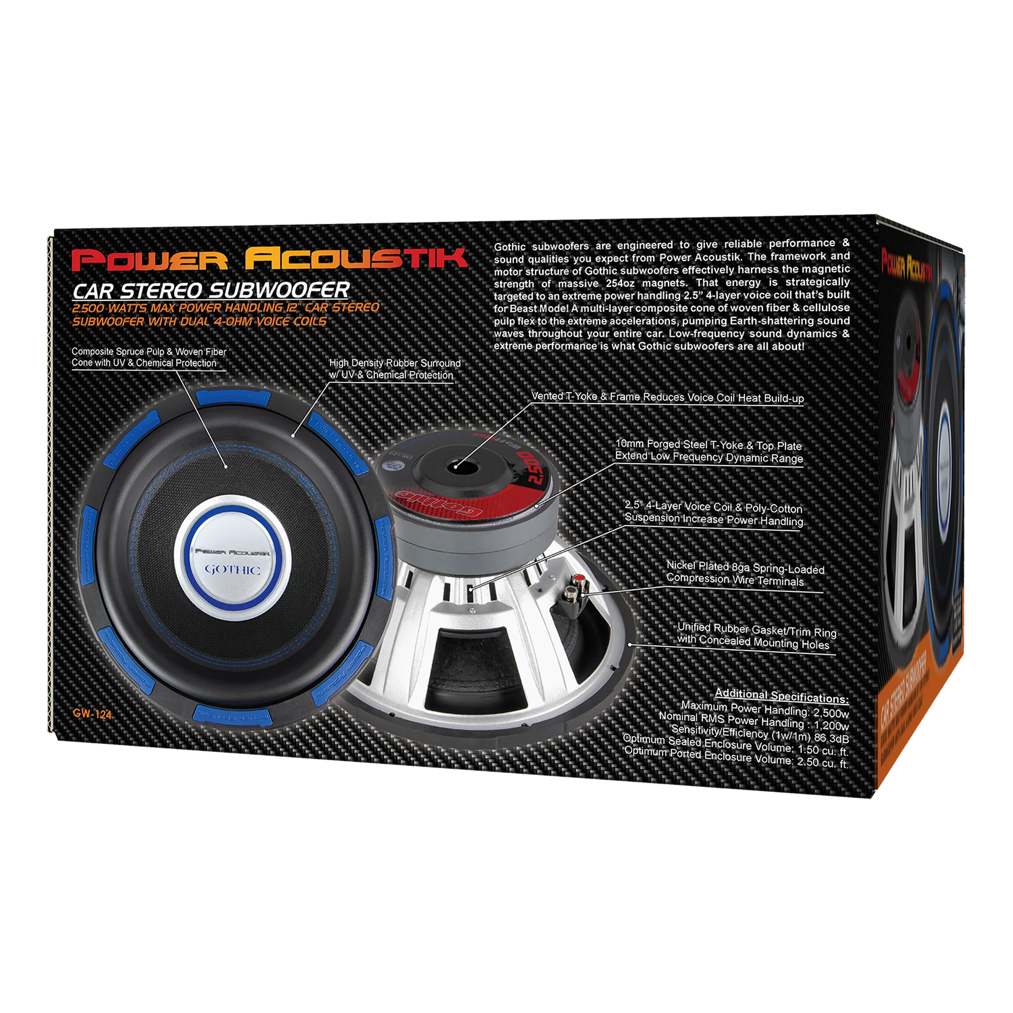 GW 124 | Gothic Series Premium 12-Inch Car Subwoofer - 2500W Max Power, Composite Fiber Rigid Cone for Deep Bass - Perfect for Car Audio Systems & Home Theater Setups