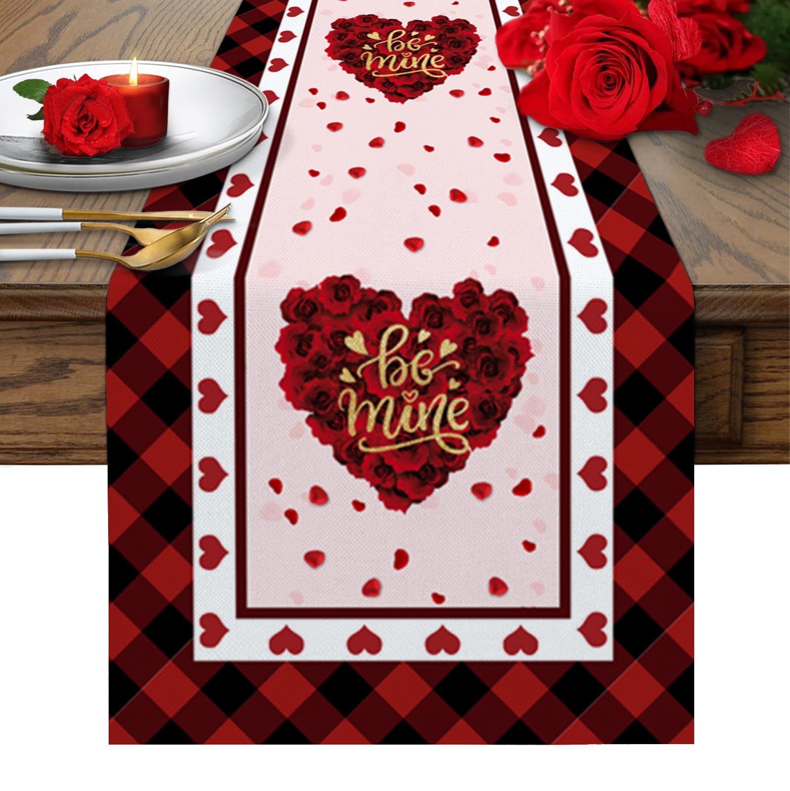 72-inch Cotton Linen Table Runner - Heart-Shaped Buffalo Plaid Tablecloth for Dining Table, Kitchen & Bedroom Decor | Perfect for Valentine's Day, Wedding Decor & Farmhouse Style Home