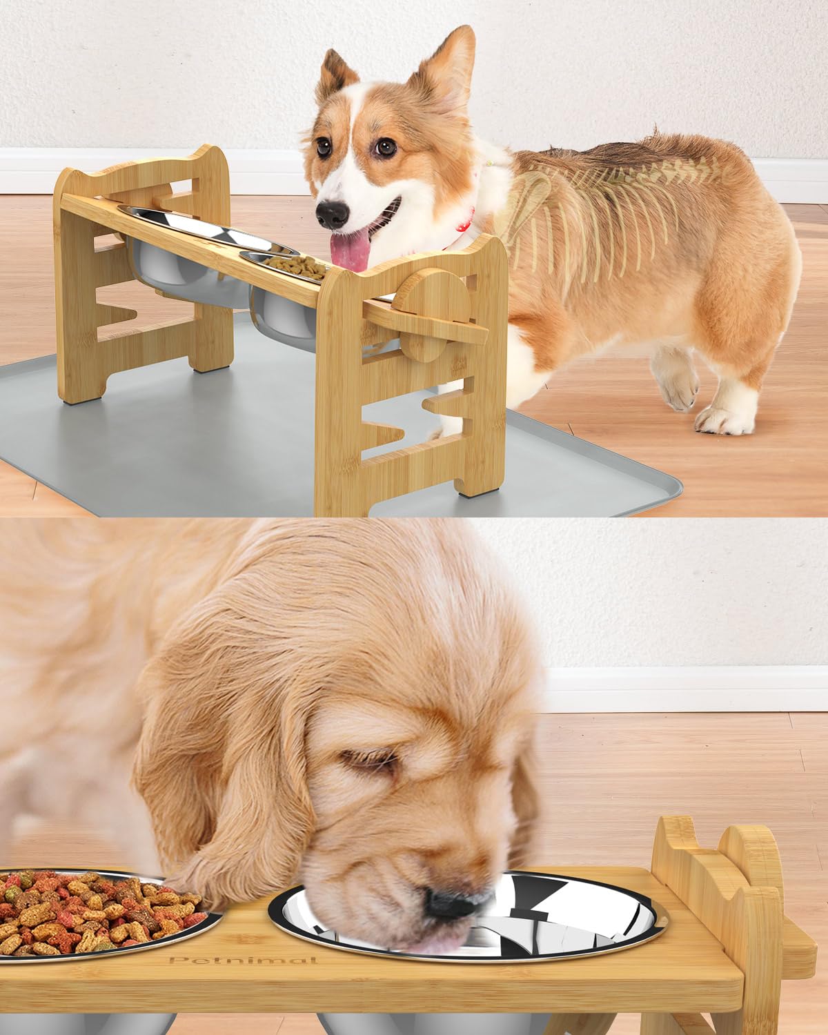 Adjustable Elevated Dog Bowls Stand - Bamboo Raised Pet Feeder with 2 Stainless Steel Bowls & Non-Slip Base for Small Dogs & Cats | Perfect for Kitchen, Living Room or Outdoor Feeding Areas