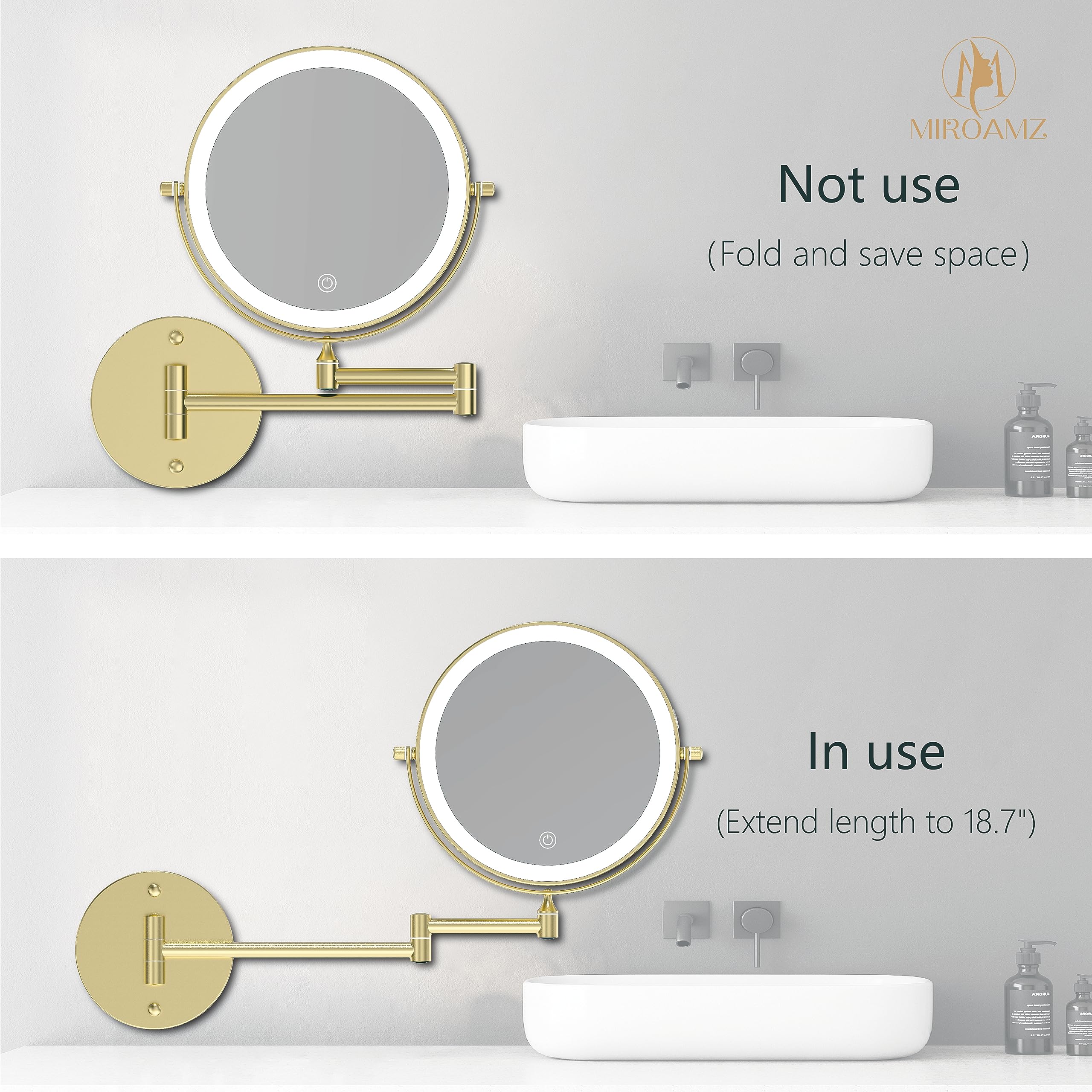 Rechargeable 8 Inch Wall Mounted Makeup Mirror with 1X/10X Magnification - 3 Color LED Lighting, Touch Dimming & 360° Rotation - Perfect for Bathroom Vanity, Shaving & Cosmetics Application - Gold Finish