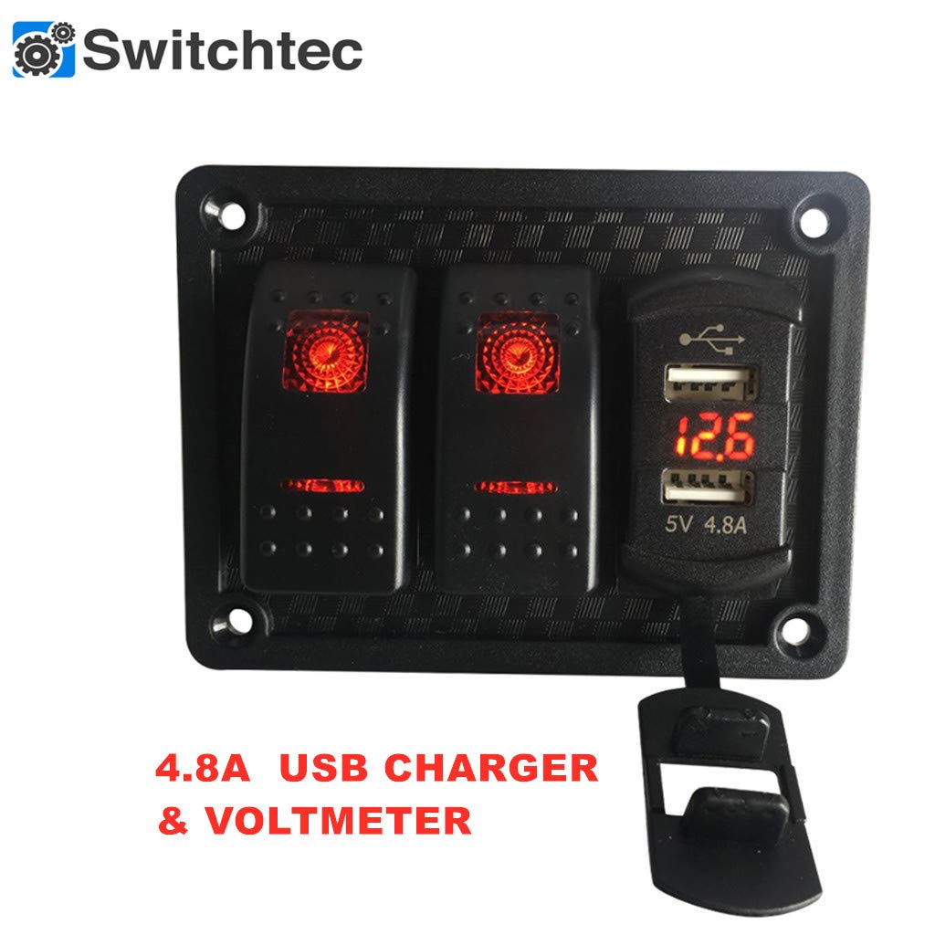 2 Gang Rocker Switch Panel with 4.8A Dual USB Fast Charger & Voltmeter - Red LED Backlit, Pre-Wired Switches - Perfect for Marine, RV, Truck & Boat Electrical Systems