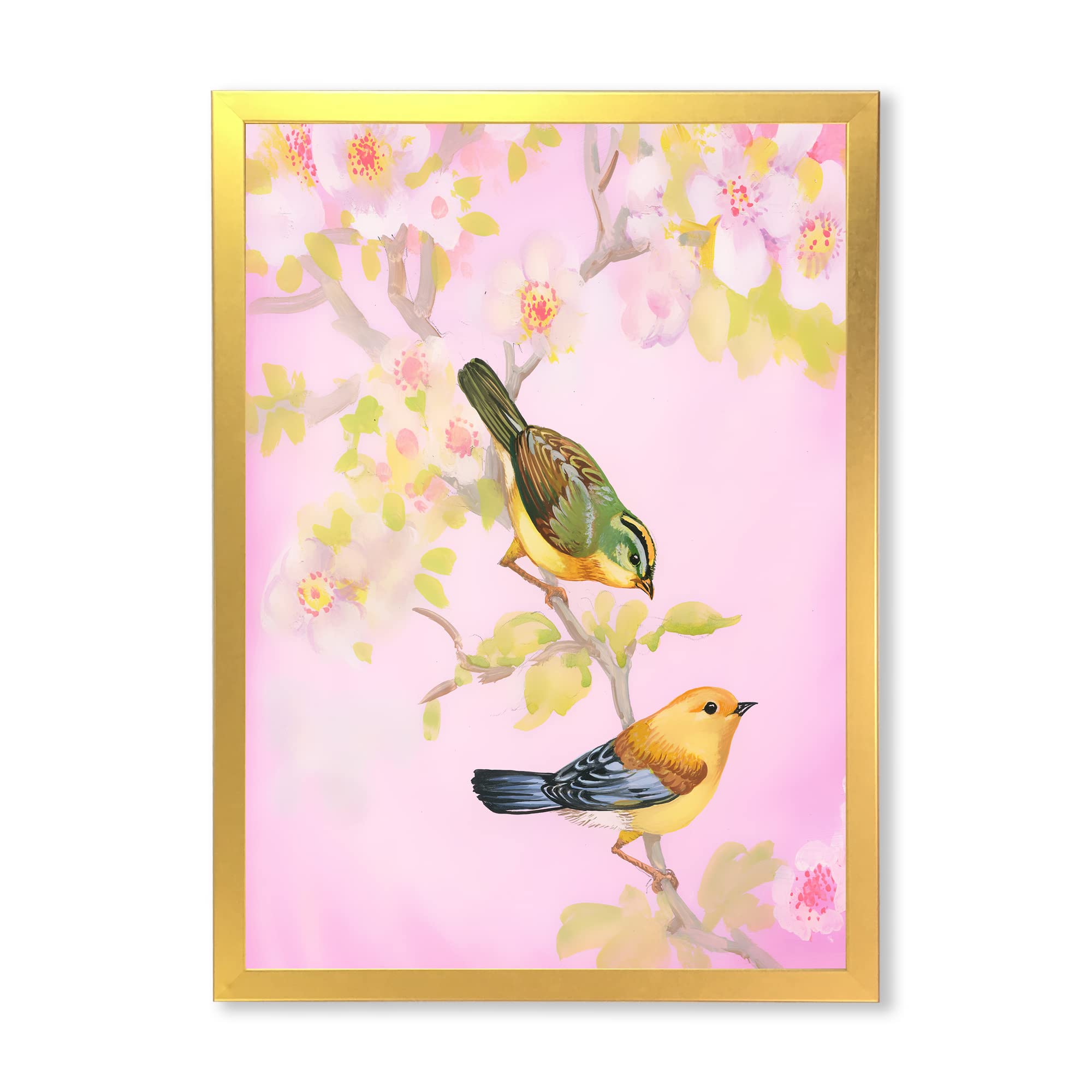 Beautiful Bright Birds on Branch Traditional Framed Wall Art - Vintage Nature Home Decor for Living Room, Bedroom & Office