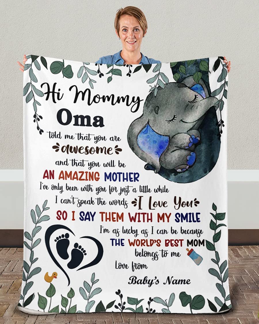 Hi Mommy Oma Told Me You're Awesome Personalized Blanket - Custom Elephant Design Baby Blanket with Mom/Grandma Name - Perfect New Mom Gift & Mother's Day Present 2021 - Nursery Decor, Baby Shower Gift, Cozy Throw for Cuddling