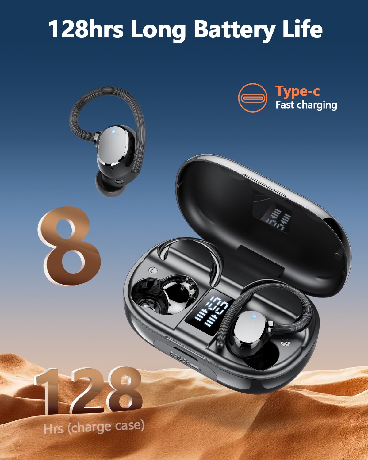 Wireless Earbuds Bluetooth 5.3 with 128Hrs Playtime, ENC Noise Canceling Mic & Deep Bass - IP7 Waterproof Sports Earphones with Earhooks for Running, Gym Workouts & Fitness Activities | Perfect for Jogging, Cycling & Outdoor Exercises