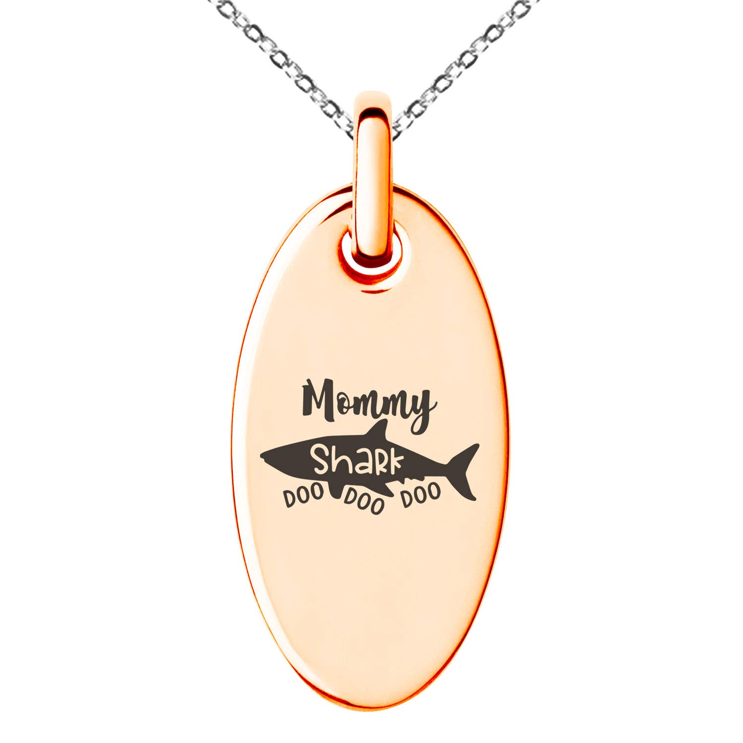 Stainless Steel Mommy Shark Small Oval Charm Pendant Necklace - Cute Shark Jewelry Gift for Women, Girls - Perfect for Birthday, Mother's Day & Ocean Theme Parties